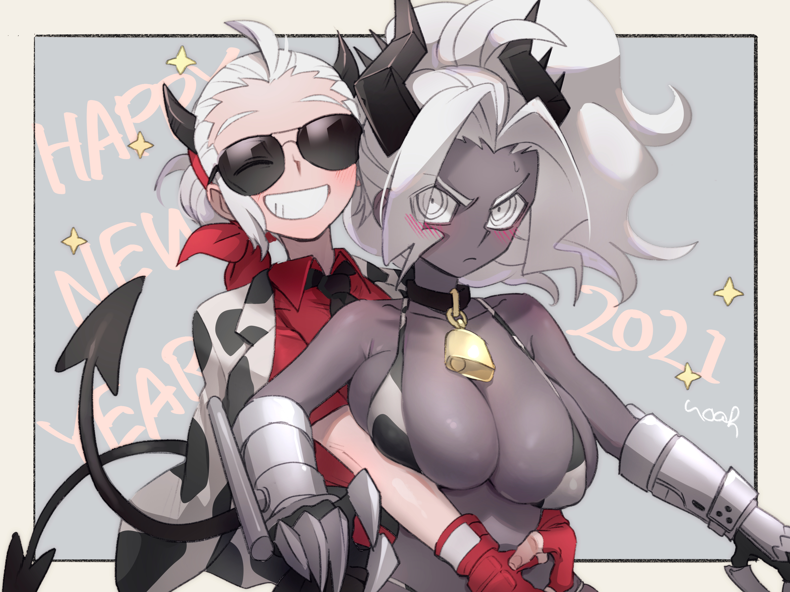 noah (tettsui-sole), judgement (helltaker), justice (helltaker), helltaker, highres, 2021, 2girls, alternate costume, animal print, artist name, bare shoulders, bell, belt, bikini, black collar, black horns, black necktie, border, breasts, chinese zodiac, cleavage, collar, collarbone, collared shirt, colored skin, cow print, dark-skinned female, dark skin, demon girl, demon horns, demon tail, fingerless gloves, frown, gloves, grey eyes, grin, happy new year, horns, hug, hug from behind, jacket, jacket on shoulders, large breasts, long hair, looking at viewer, multiple girls, necktie, new year, pants, red gloves, red shirt, shirt, short hair, skindentation, smile, sunglasses, swimsuit, tail, teeth, upper body, white border, white eyes, white hair, year of the ox