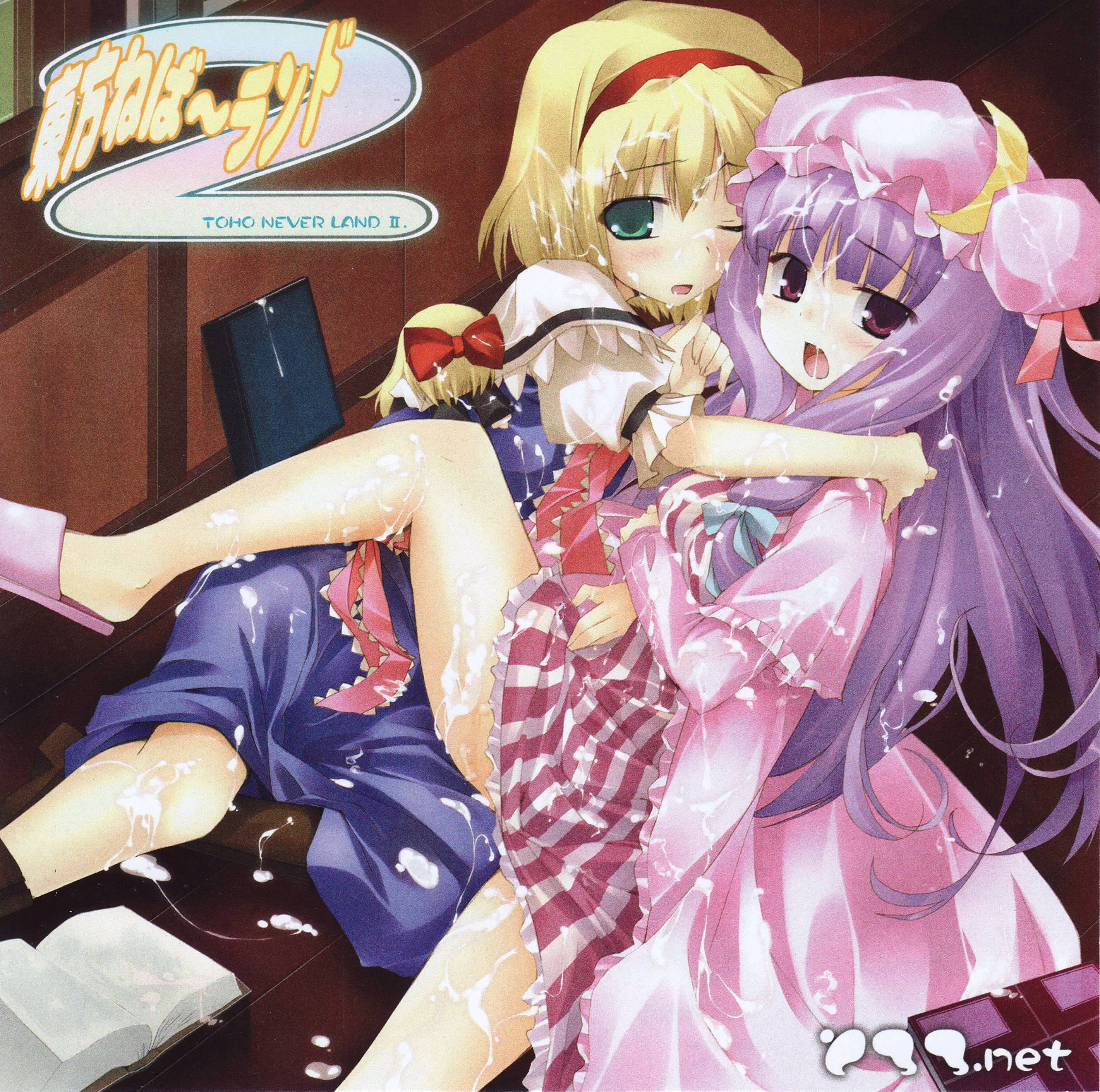 alice margatroid, patchouli knowledge, shanghai doll, touhou, absurdres, artist request, highres, scan, scan artifacts, 2girls, blonde hair, blue eyes, blush, book, crescent hat ornament, cum, hairband, hat, hat ornament, long hair, multiple girls, purple eyes, purple hair, ribbon, sexually suggestive, short hair