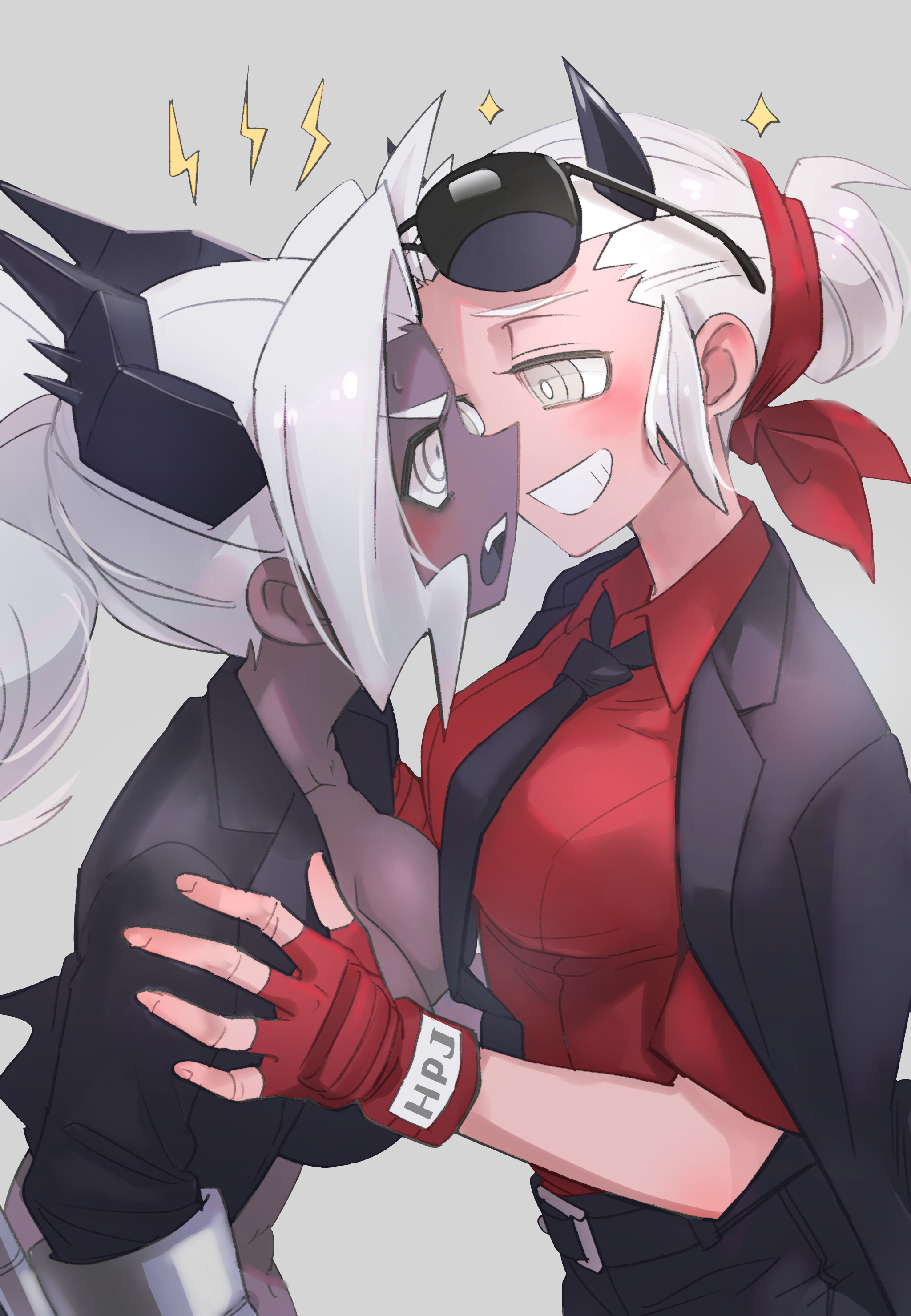 noah (tettsui-sole), judgement (helltaker), justice (helltaker), helltaker, absurdres, highres, 2girls, artist name, black necktie, black shirt, breasts, cleavage, clenched teeth, dark-skinned female, dark skin, demon girl, demon horns, eye contact, eyewear on head, fingerless gloves, gloves, grey background, horns, large breasts, long sleeves, looking at another, multiple girls, necktie, open mouth, ponytail, red gloves, red shirt, shirt, short hair, short sleeves, simple background, sunglasses, teeth, upper teeth only, white eyes, white hair, yuri