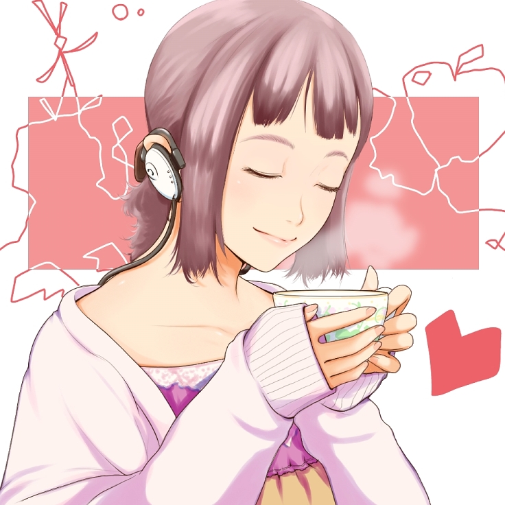 nanahime, original, closed eyes, cup, headphones, pink hair, solo, tea