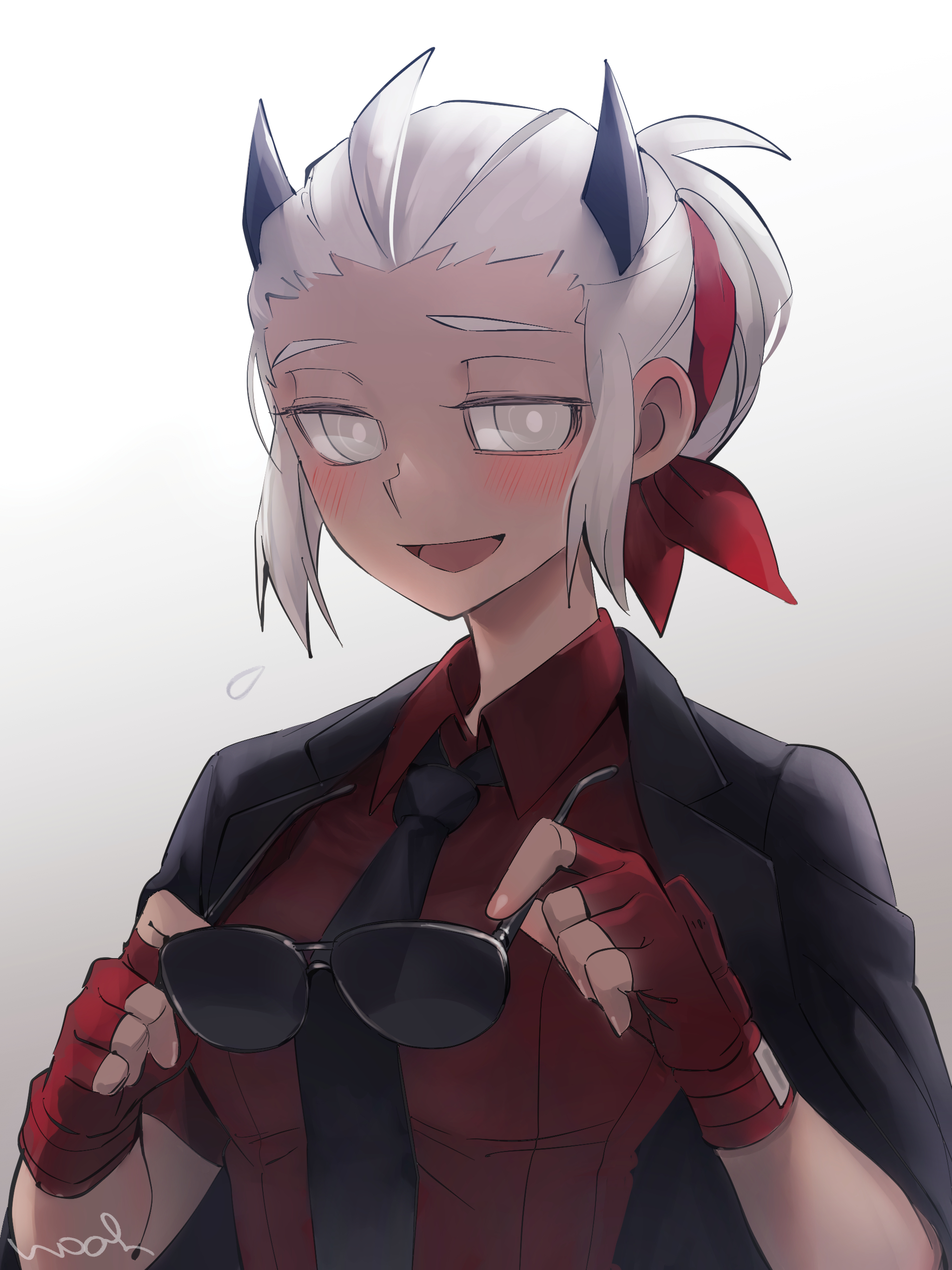 noah (tettsui-sole), justice (helltaker), helltaker, absurdres, commentary, highres, 1girl, :d, artist name, black jacket, black necktie, blush, demon girl, fingerless gloves, gloves, gradient background, grey background, hairband, holding, holding removed eyewear, horns, jacket, jacket on shoulders, looking at viewer, necktie, open mouth, red gloves, red hairband, red shirt, shirt, smile, solo, sunglasses, unworn eyewear, upper body, white eyes, white hair