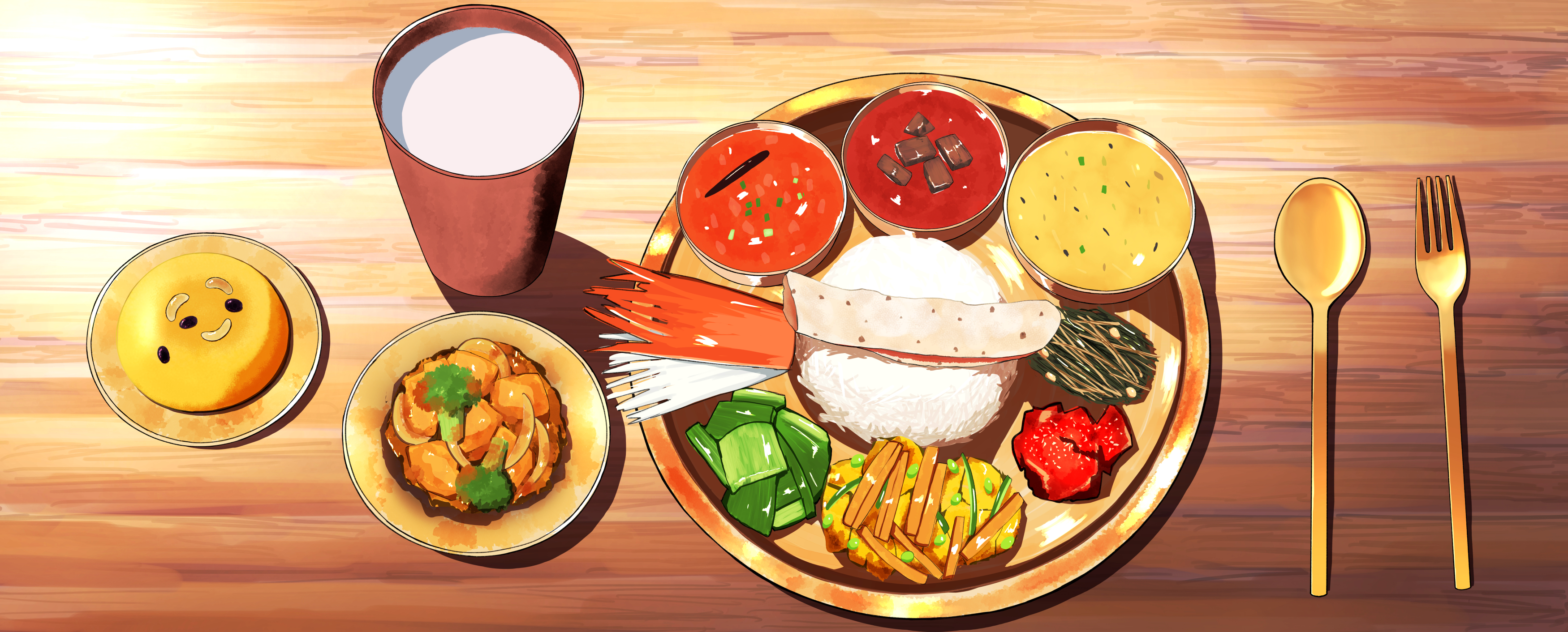 urushiushiru, original, absurdres, commentary request, food request, highres, tagme, broccoli, cookie, cup, food, food focus, fork, no humans, plate, rice, spoon