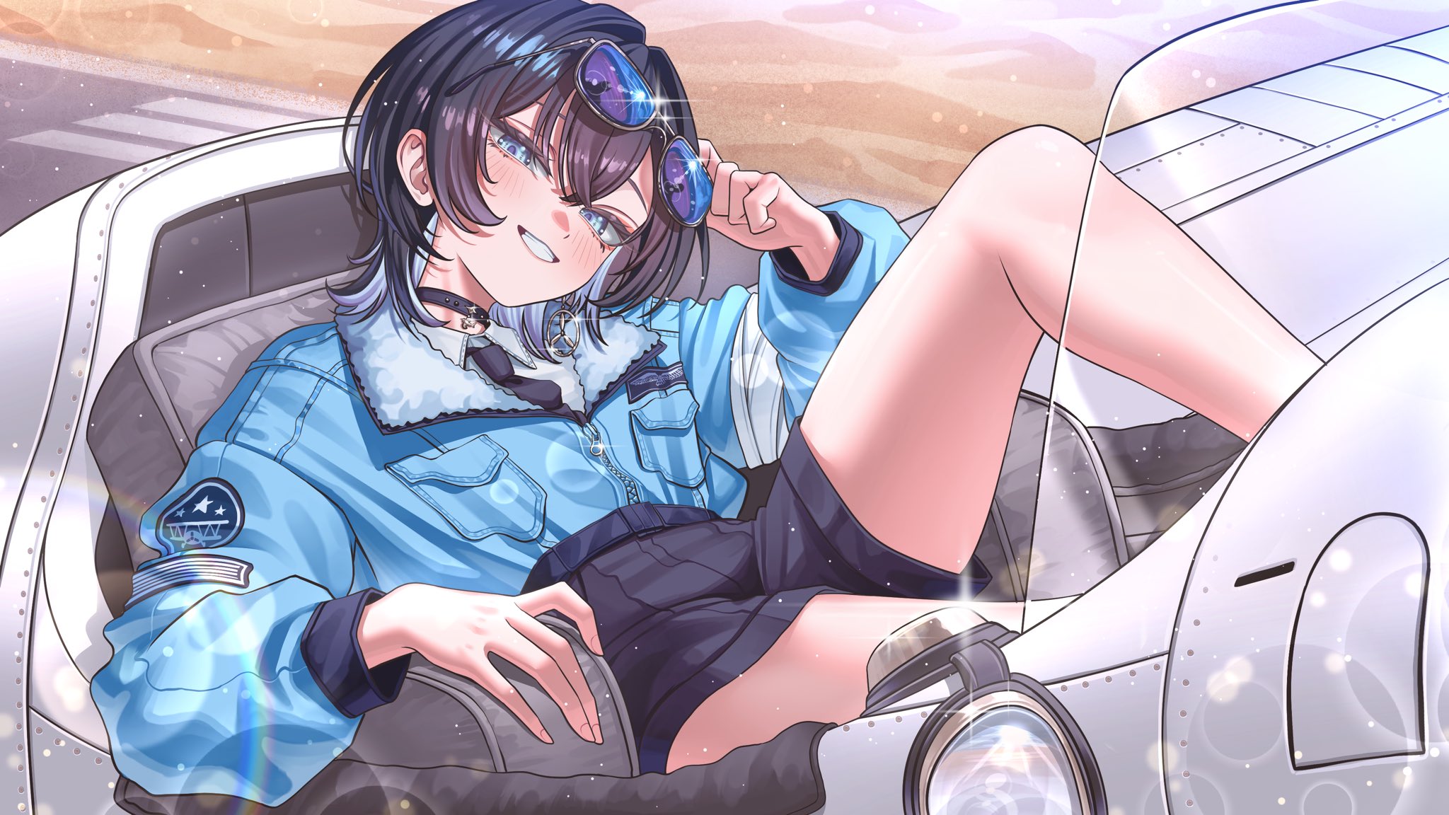 seto kakeru (artist), original, highres, 1girl, aircraft, airplane, aviator sunglasses, biplane, black choker, black hair, black shorts, blue eyes, blue hair, blue jacket, blush, bomber jacket, choker, colored inner hair, earrings, eyewear on head, grin, jacket, jewelry, long sleeves, medium hair, multicolored hair, shorts, single earring, smile, sunglasses, tinted eyewear, wolf cut