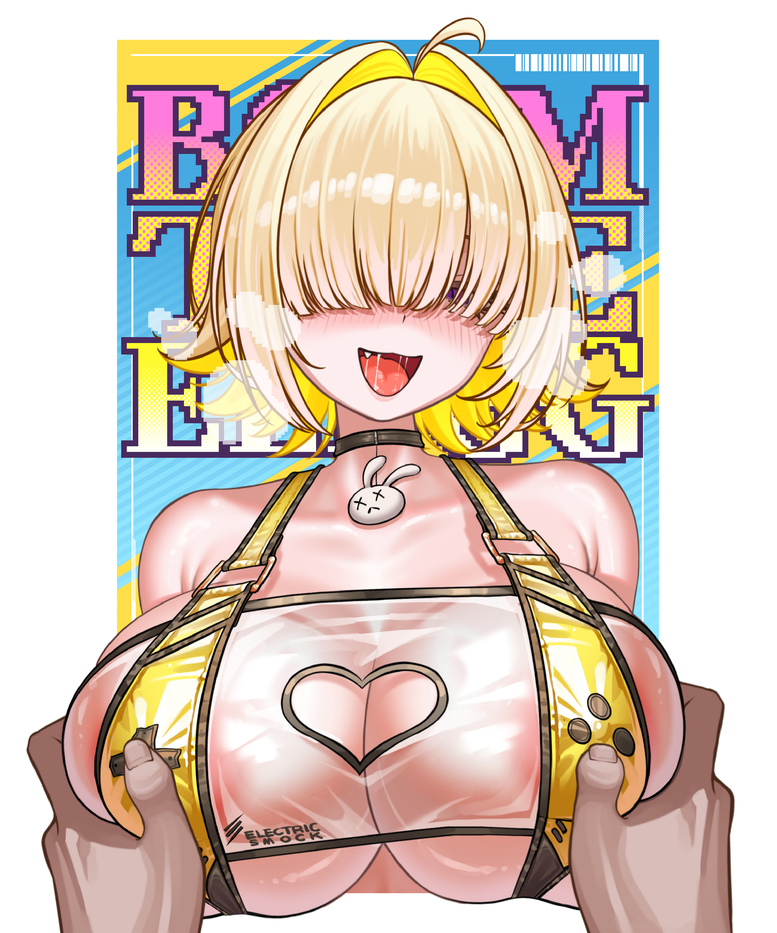 seto kakeru (artist), elegg (boom and shock) (nikke), elegg (nikke), goddess of victory: nikke, absurdres, highres, 1girl, bikini, black choker, blonde hair, breasts, choker, fang, game controller print, grabbing another's breast, groping, hair intakes, hair over eyes, huge breasts, navel, open mouth, rabbit choker, saliva, short hair, slingshot swimsuit, swimsuit, yellow slingshot swimsuit