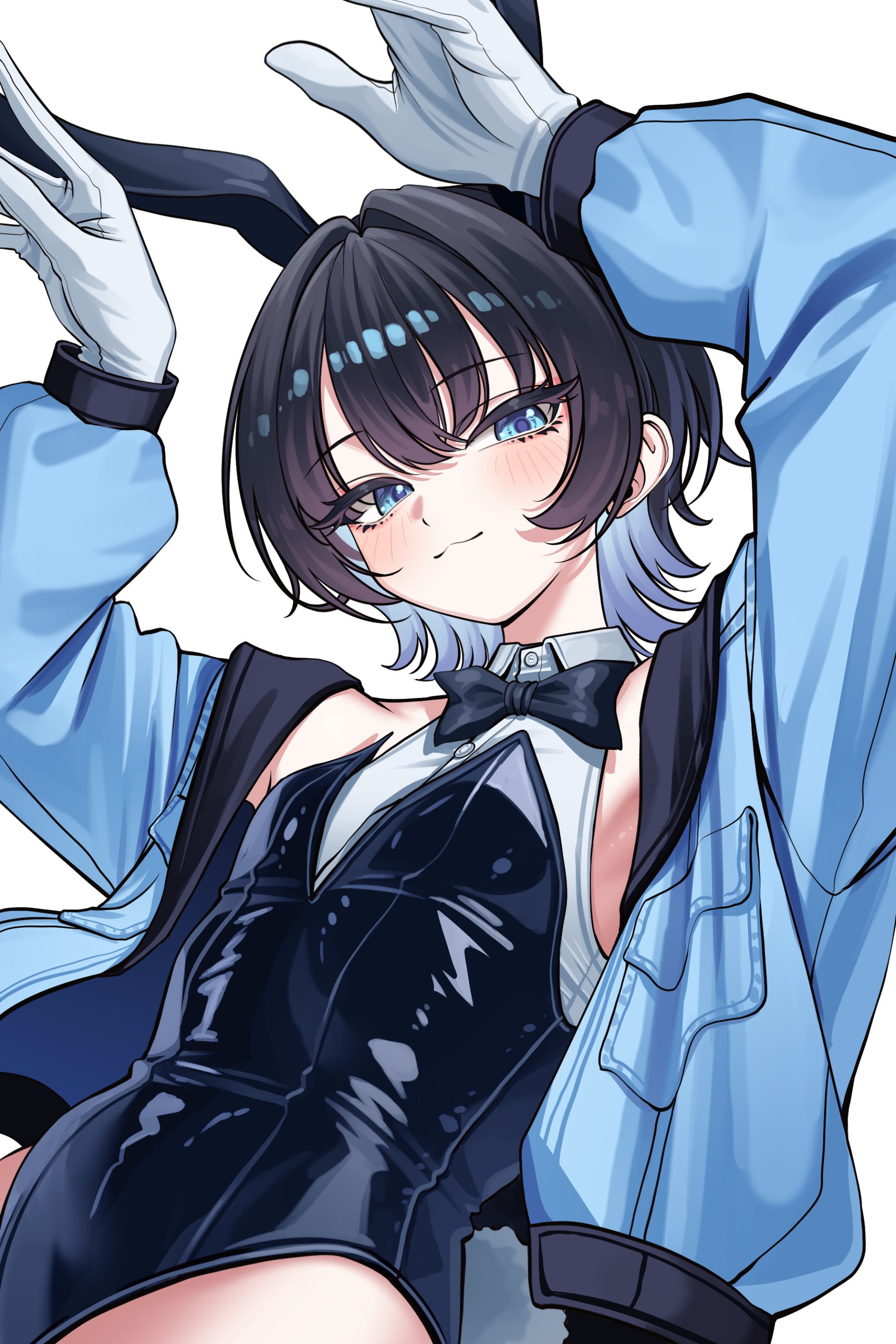 seto kakeru (artist), original, absurdres, highres, animal ears, black hair, blue eyes, blue hair, blue jacket, bomber jacket, bow, bowtie, collared shirt, colored inner hair, fake animal ears, gloves, jacket, leotard, long sleeves, multicolored hair, playboy bunny, rabbit ears, rabbit pose, shirt, sleeveless, sleeveless shirt, white gloves, white shirt, wolf cut