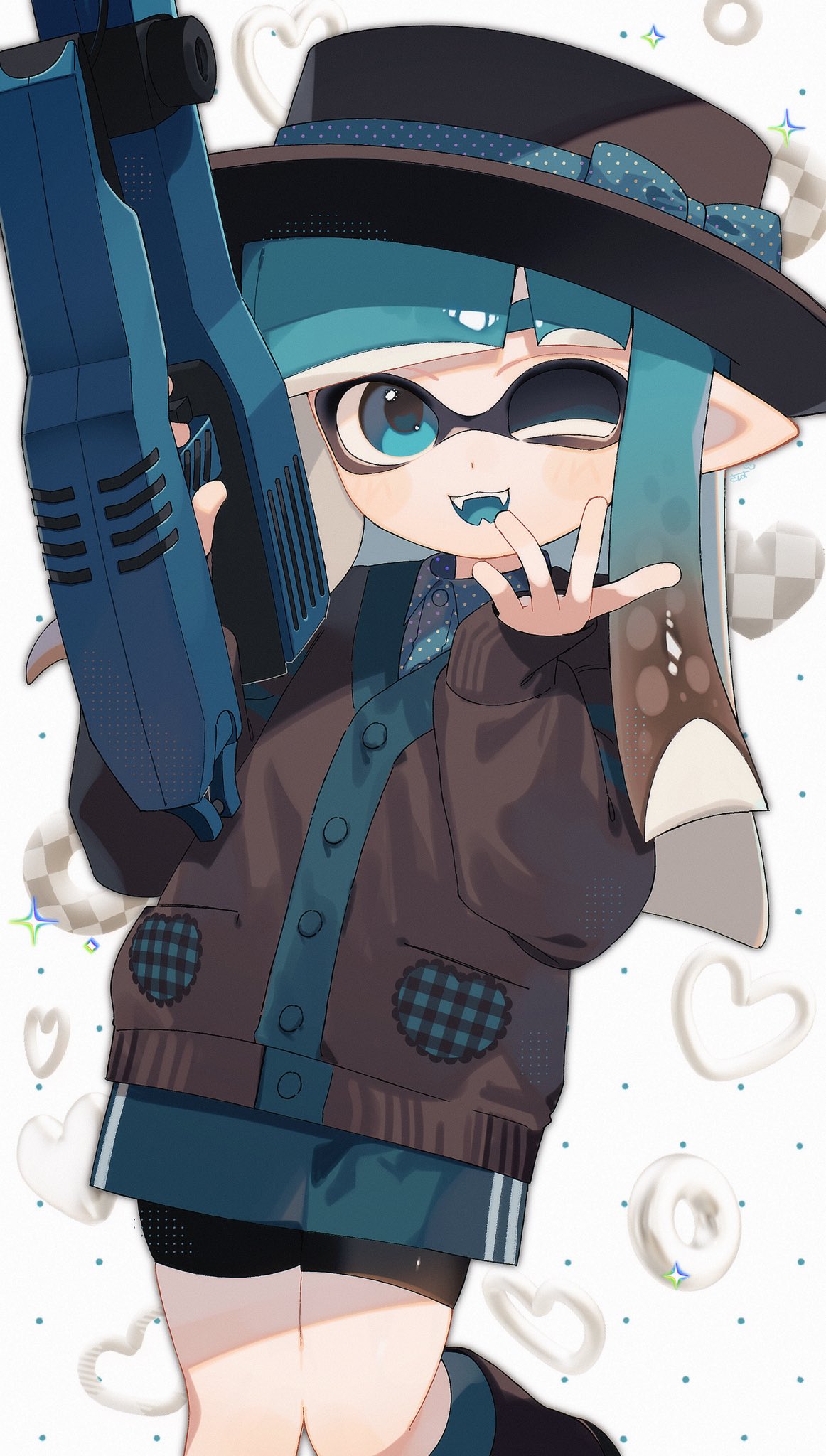 sabata saba, inkling girl, inkling player character, nintendo, splatoon (series), splatoon 3, highres, 1girl, aqua eyes, aqua hair, bike shorts, black hat, black shorts, brown hair, colored tips, hat, inkling, jet squelcher (splatoon), long hair, multicolored hair, one eye closed, open mouth, pointy ears, shorts, smile, solo, standing, tentacle hair, two-tone hair, white background