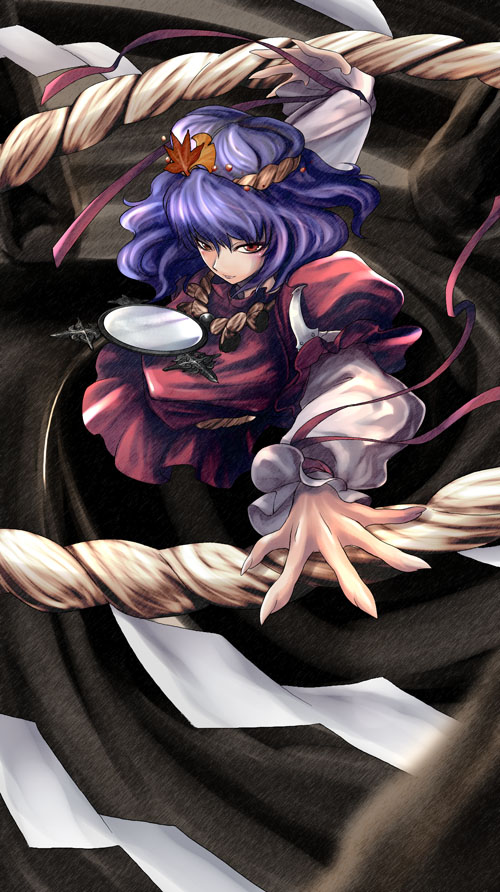 tomotsuka haruomi, yasaka kanako, touhou, 1girl, blue hair, female focus, mirror, ribbon, rope, shide, shimenawa, solo