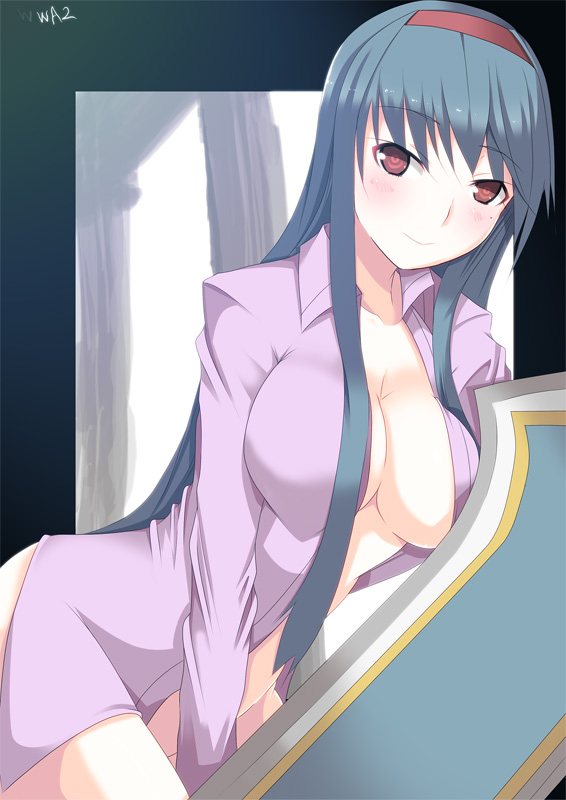 johnny funamushi, anastasia valeria, wild arms, wild arms 2, 1girl, blue background, blue hair, blush, bottomless, breasts, cleavage, copyright name, female focus, hairband, large breasts, long hair, naked shirt, open clothes, open shirt, red eyes, red hairband, shirt, smile, solo