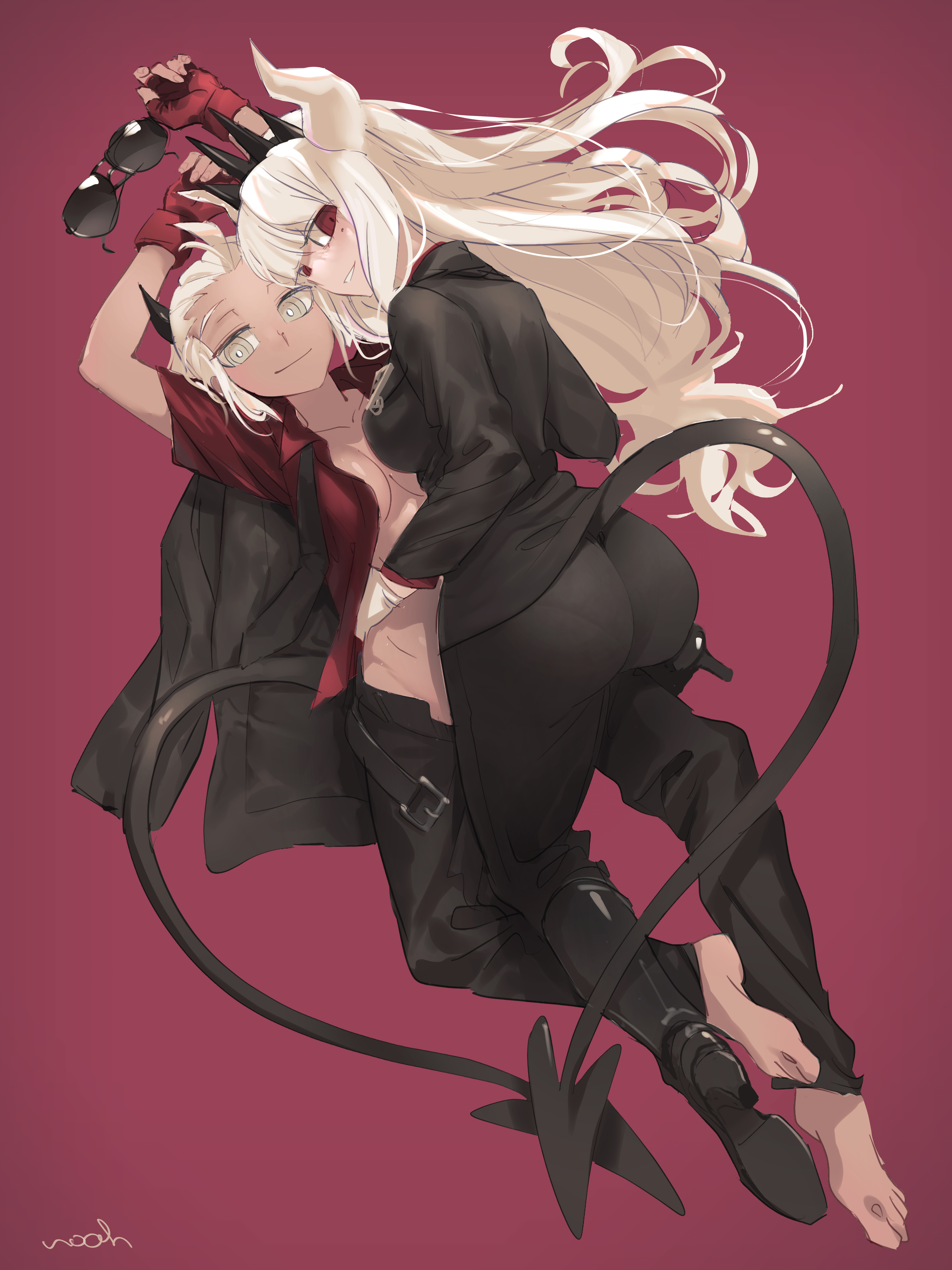 noah (tettsui-sole), justice (helltaker), lucifer (helltaker), helltaker, absurdres, highres, 2girls, artist name, ass, barefoot, black boots, black pants, boots, breasts, closed mouth, demon girl, demon tail, fingerless gloves, gloves, gradient background, heart, heart tail duo, horns, long hair, looking at viewer, medium breasts, mole, mole under eye, multiple girls, open clothes, open shirt, pants, pantylines, red background, red eyes, red gloves, red shirt, shirt, smile, sunglasses, tail, tiara, unworn eyewear, white eyes, white gloves, white hair, yuri