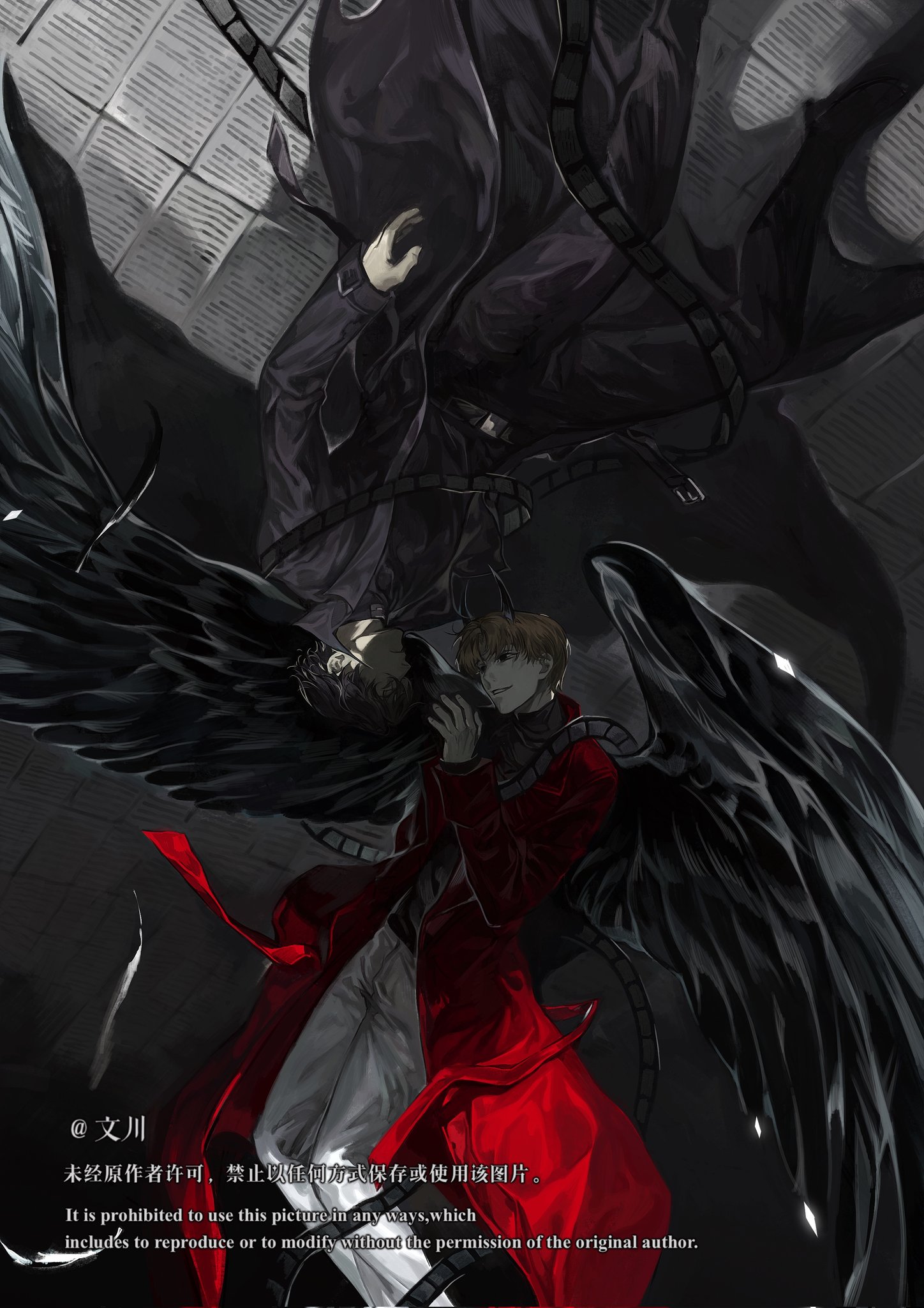 yoo joonghyuk, omniscient reader's viewpoint, commentary, english commentary, highres, 2boys, black coat, black eyes, black hair, black shirt, black wings, blonde hair, cheon inho, coat, demon horns, entangled, feathered wings, feet out of frame, film reel, floating, hand up, horns, looking at another, male focus, multiple boys, nicayuko, open clothes, open coat, paper, popped collar, red coat, shadow, shirt, short hair, smirk, too many papers, upside-down, wings