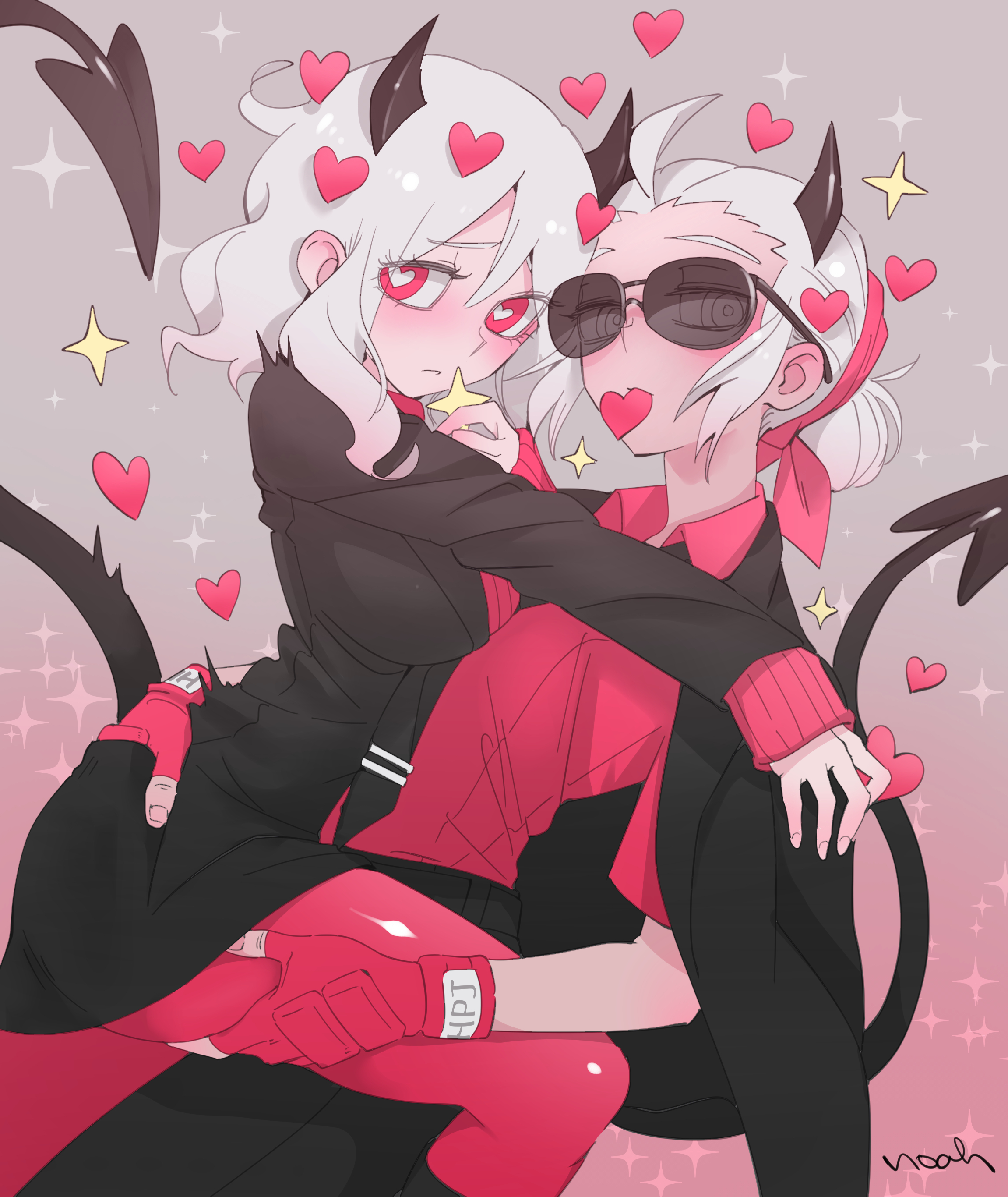 noah (tettsui-sole), justice (helltaker), modeus (helltaker), helltaker, absurdres, commentary request, highres, 2girls, ahoge, artist name, black horns, black jacket, closed mouth, demon girl, demon horns, demon tail, eyes visible through eyewear, fingerless gloves, gloves, gradient background, grey background, heart, heart-shaped pupils, horns, jacket, jacket on shoulders, looking at viewer, mouth hold, multiple girls, pantyhose, pink background, red eyes, red gloves, red pantyhose, red shirt, shirt, short hair, sparkle background, sunglasses, symbol-shaped pupils, tail, white hair, yuri