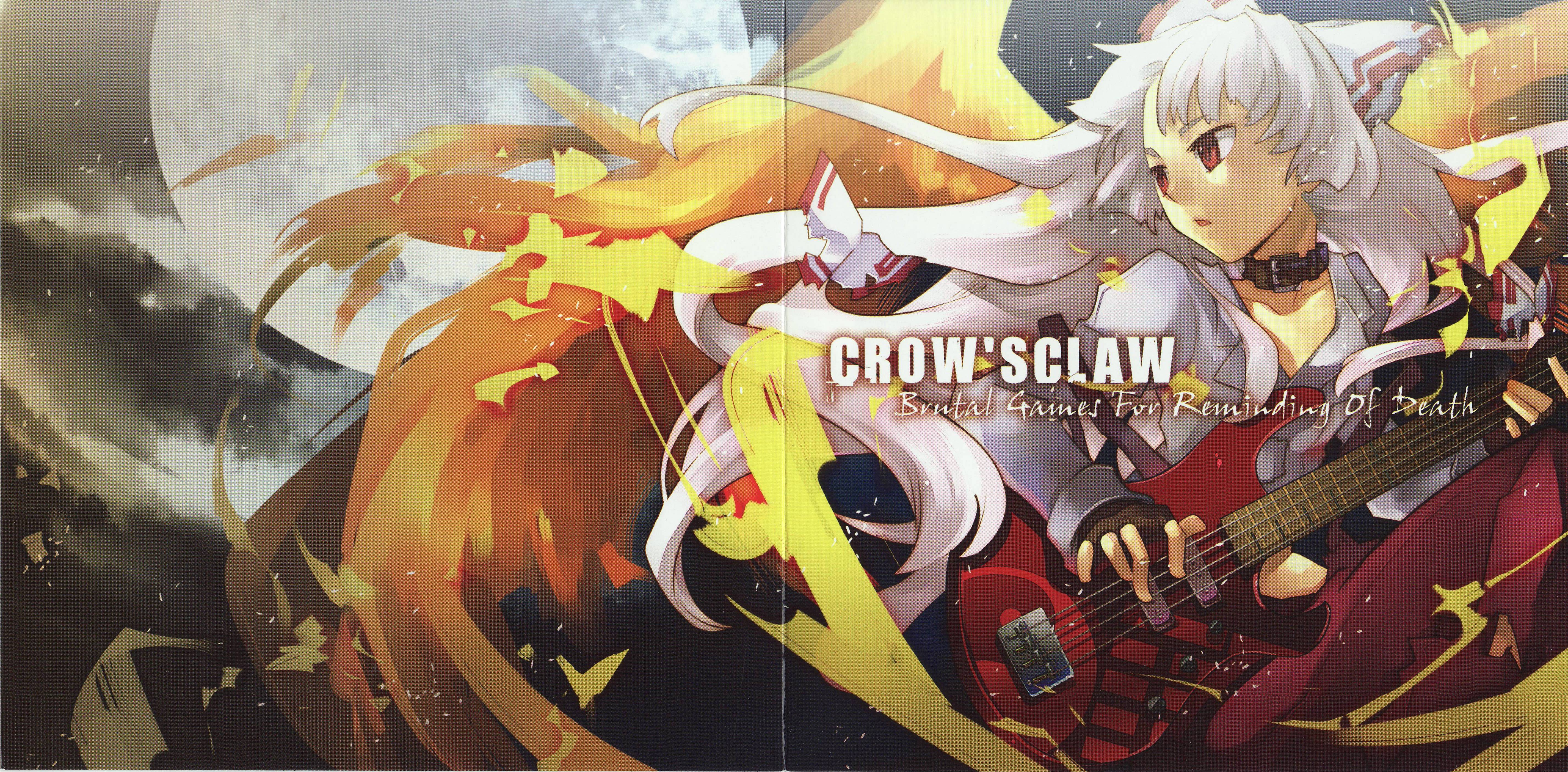 fujiwara no mokou, touhou, silver hair, absurdres, highres, scan, scan artifacts, 1girl, album cover, bass guitar, collar, cover, female focus, fire, gloves, guitar, hair ribbon, instrument, long hair, red eyes, ribbon, solo