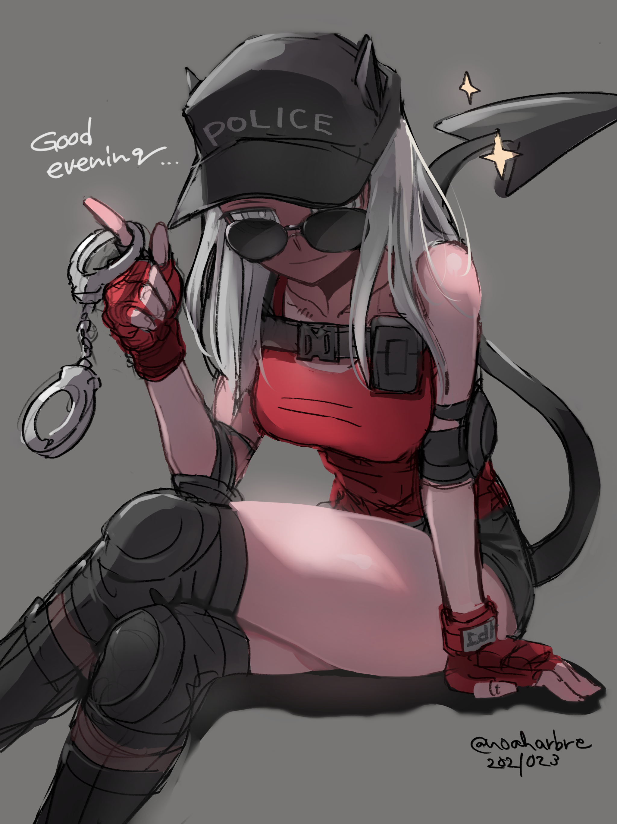 noah (tettsui-sole), justice (helltaker), helltaker, absurdres, highres, 1girl, arm support, black hat, breasts, clothes writing, collarbone, crossed legs, cuffs, dated, demon girl, demon tail, fingerless gloves, gloves, grey background, handcuffs, hat, large breasts, long hair, looking at viewer, red gloves, simple background, smile, solo, sunglasses, tail, thighs, twintails, white hair