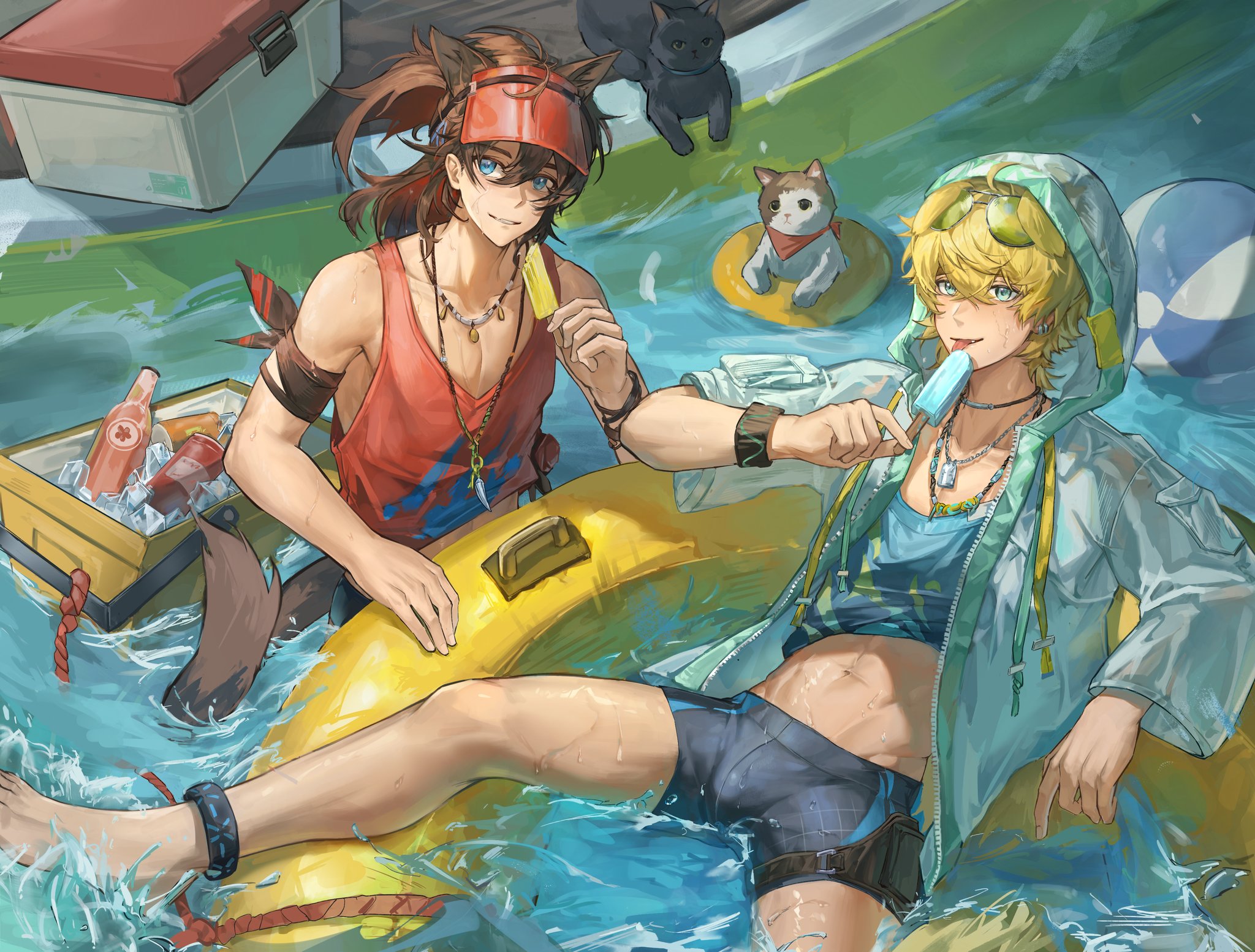 kristinacl15115, infection monitor (arknights), stainless (arknights), stainless (beach guard) (arknights), tequila (arknights), arknights, chinese commentary, commentary request, highres, 2boys, abs, afloat, ahoge, animal ears, ball, bandana, bandana around arm, barefoot, beachball, black shorts, black streaks, blonde hair, blue eyes, blue shorts, blue vest, bracelet, brown bandana, brown hair, cat, cat boy, cat ears, cat tail, collarbone, cooler, dog tags, drink, eyewear on head, fang, feet, food, green-tinted eyewear, hair between eyes, hand up, holding, holding food, holding popsicle, hood, hood up, hooded jacket, inflatable toy, jacket, jewelry, leg up, licking, looking at viewer, looking to the side, male focus, messy hair, midriff, midriff peek, multiple boys, multiple bracelets, multiple necklaces, necklace, pool, poolside, popsicle, red ribbon, red vest, red visor, ribbon, shorts, smile, sunglasses, sweat, tail, teeth, thick eyebrows, thigh harness, three-quarter sleeves, tied hoodie strings, tinted eyewear, tongue, tongue out, vest, visor cap, water, water cooler, water drop