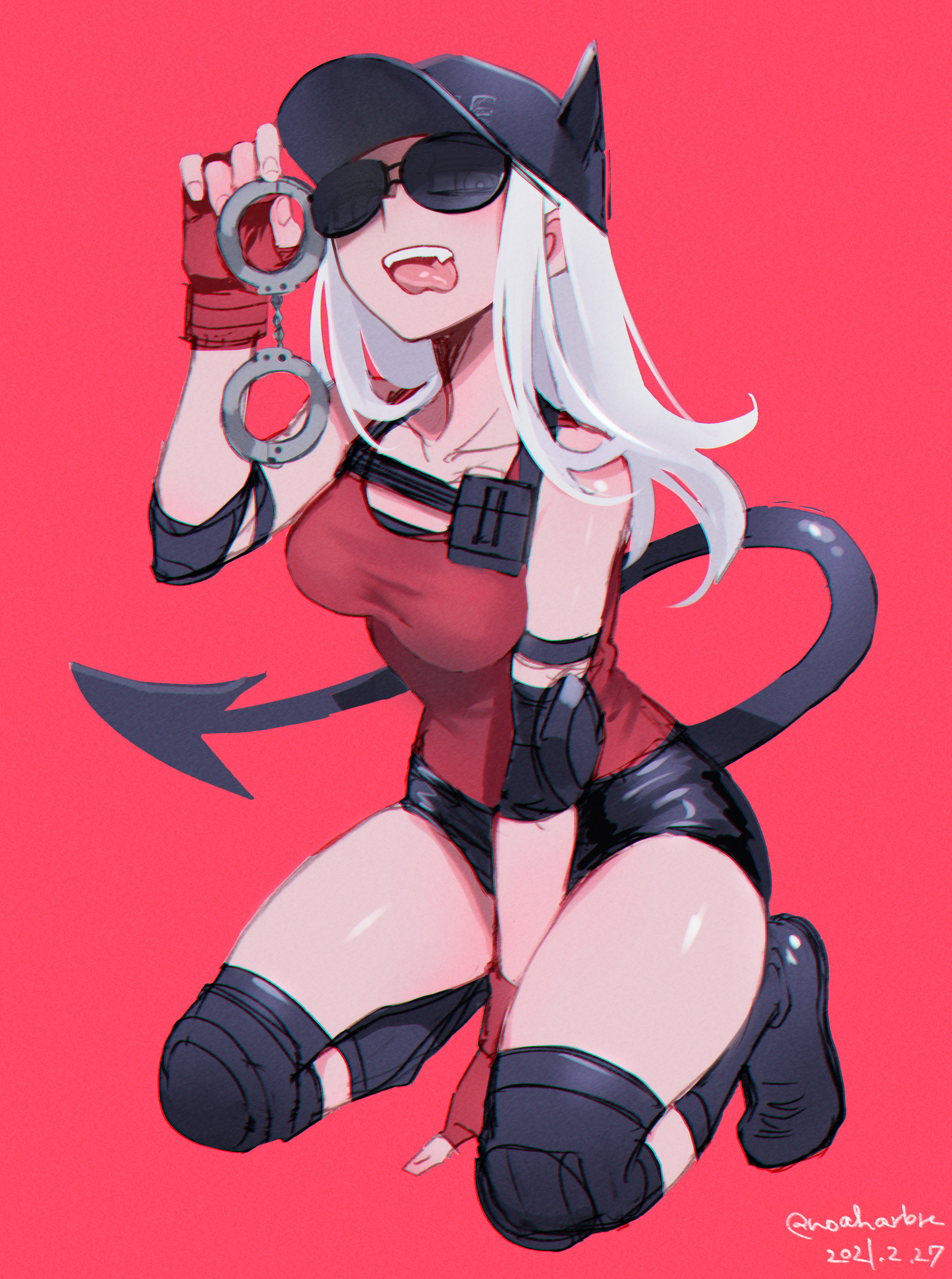 noah (tettsui-sole), justice (helltaker), helltaker, absurdres, highres, 1girl, :p, black boots, boots, breasts, cuffs, dated, demon girl, demon tail, eyes visible through eyewear, fingerless gloves, full body, gloves, handcuffs, holding, holding handcuffs, kneeling, long sleeves, medium breasts, red background, red gloves, red shirt, shirt, simple background, solo, sunglasses, tail, teeth, tongue, tongue out, twitter username, upper teeth only