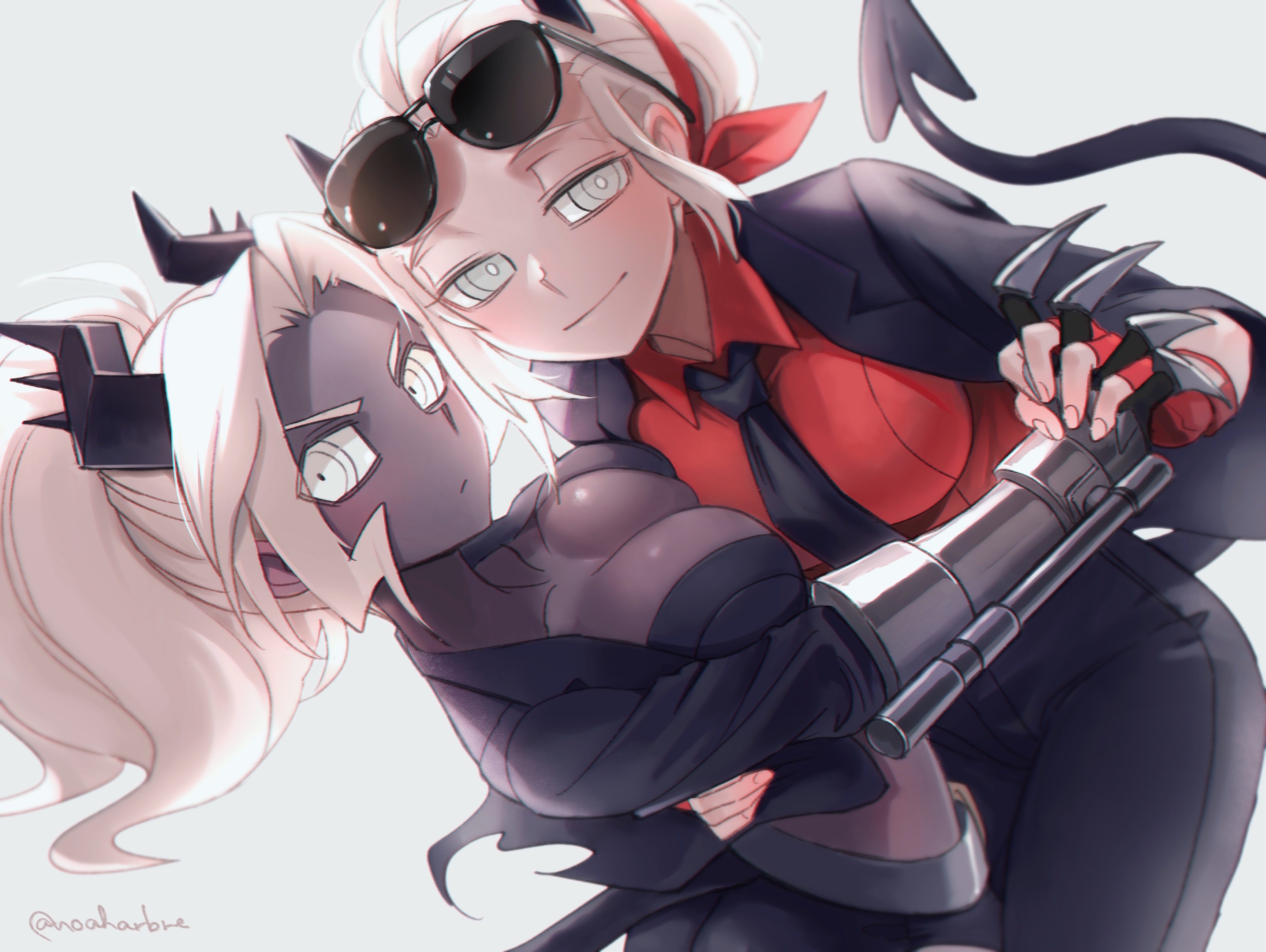 noah (tettsui-sole), judgement (helltaker), justice (helltaker), helltaker, absurdres, bad source, highres, 2girls, black horns, black necktie, black panties, black skin, breasts, cleavage, colored skin, demon girl, demon horns, demon tail, eyewear on head, grey background, holding hands, horns, interlocked fingers, large breasts, looking at viewer, multiple girls, necktie, panties, red shirt, shirt, short hair, simple background, smile, sunglasses, tail, twitter username, underwear, white eyes, white hair