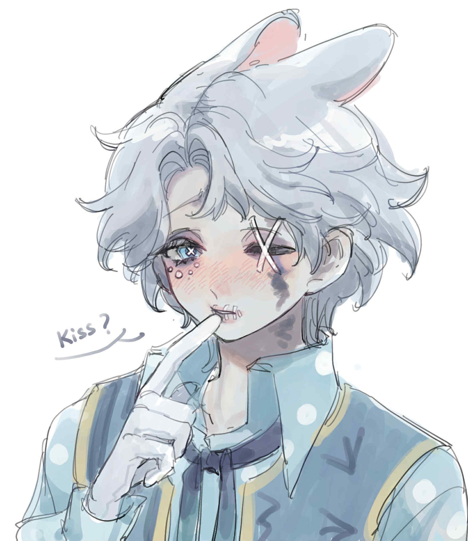 matthias czernin, identity v, highres, 1boy, animal ears, ascot, blue ascot, blue eyes, blue shirt, blush, bright pupils, cross-shaped pupils, cross stitch, cucukhumnumzl, english text, finger to mouth, gloves, hair intakes, half-closed eyes, looking at viewer, male focus, matthias czernin (the boy who fell), one eye closed, polka dot, polka dot shirt, rabbit boy, rabbit ears, shirt, stitched eye, stitched mouth, stitches, symbol-shaped pupils, white gloves, white hair, white pupils, yellow trim