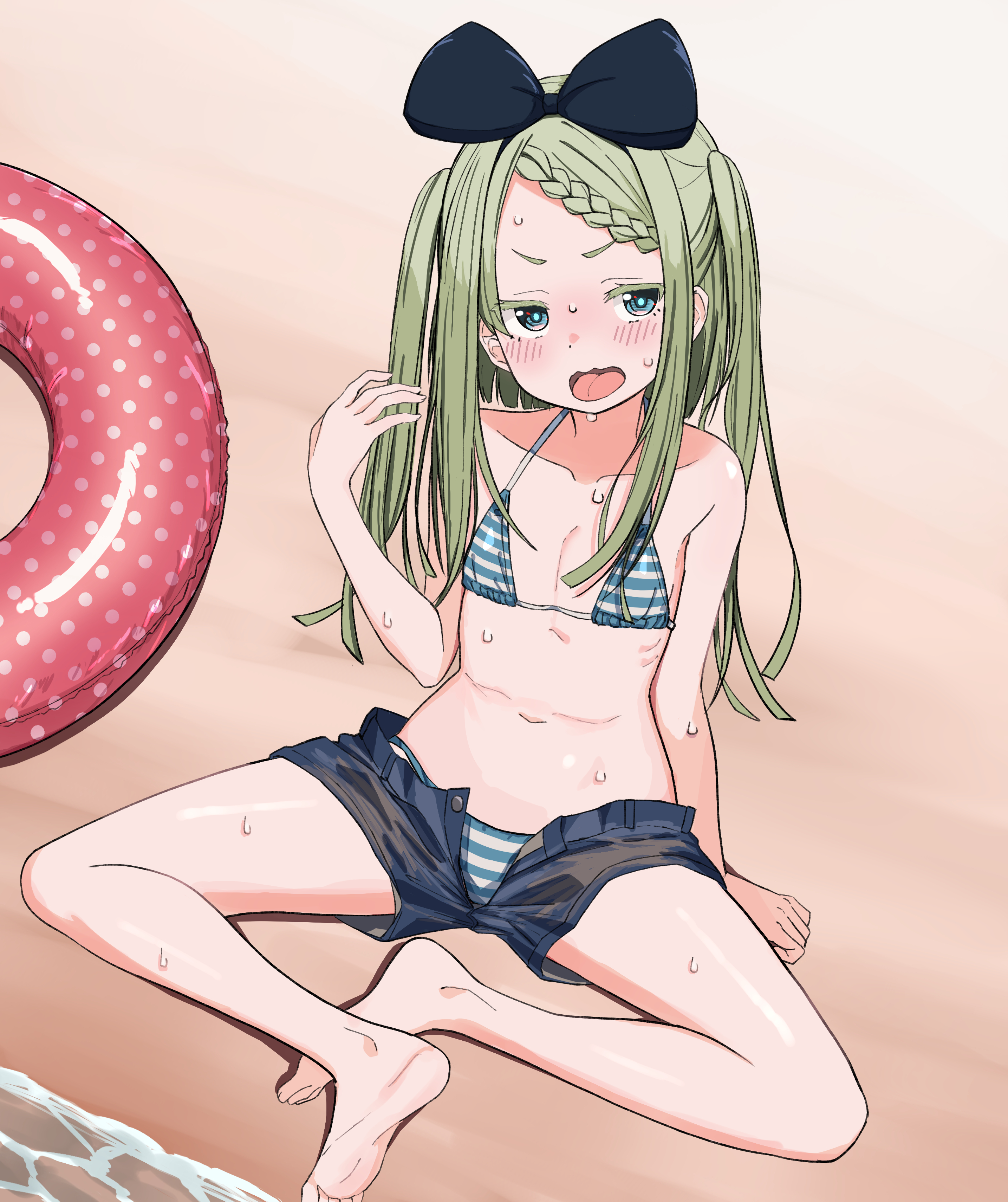 urushiushiru, original, absurdres, commentary request, highres, variant set, 1girl, aqua eyes, aqua pupils, arm support, barefoot, beach, bikini, black bow, blush, bow, braid, braided bangs, collarbone, denim, denim shorts, flat chest, forehead, green hair, hair bow, hand up, innertube, long hair, navel, no shirt, open clothes, open fly, open mouth, open shorts, petite, sand, short shorts, shorts, sitting, solo, stomach, string bikini, striped bikini, striped clothes, sweat, swim ring, swimsuit, two side up, v-shaped eyebrows