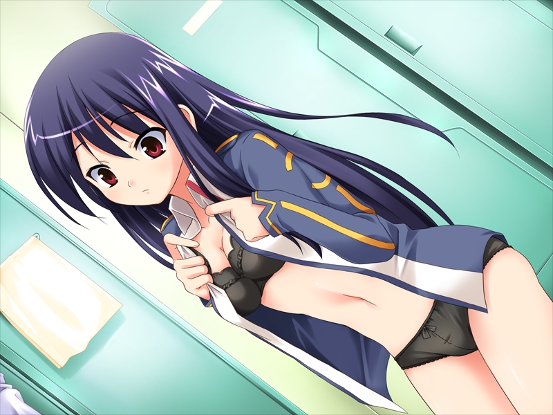 narumi suzune, souryuu (double dragon), mutsuki mayer, prawf clwyd, game cg, non-web source, 1girl, blue hair, bra, breasts, cleavage, dressing, dutch angle, female focus, lingerie, locker, locker room, long hair, navel, no pants, open clothes, open shirt, panties, red eyes, shirt, small breasts, solo, underwear