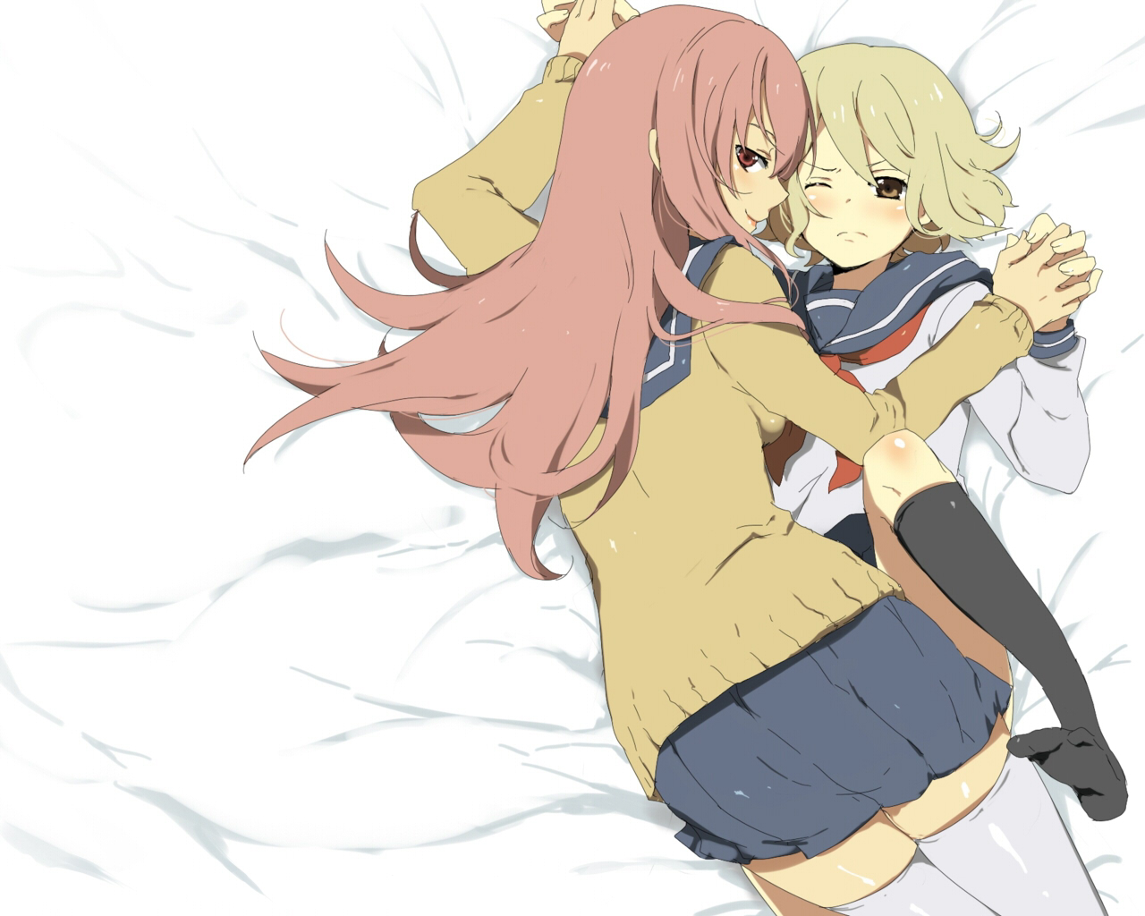 naitou kyouko, sugawa maiko, onanie master kurosawa, artist request, non-web source, 2girls, bed, black socks, blonde hair, blush, brown eyes, feet, female focus, from above, frown, holding hands, kneehighs, leg up, legs up, lipstick, long hair, looking back, lying, makeup, multiple girls, naughty face, on back, pink hair, pleated skirt, red eyes, school uniform, serafuku, short hair, skirt, smile, socks, spread legs, sweater, thighhighs, white thighhighs, wince, yuri
