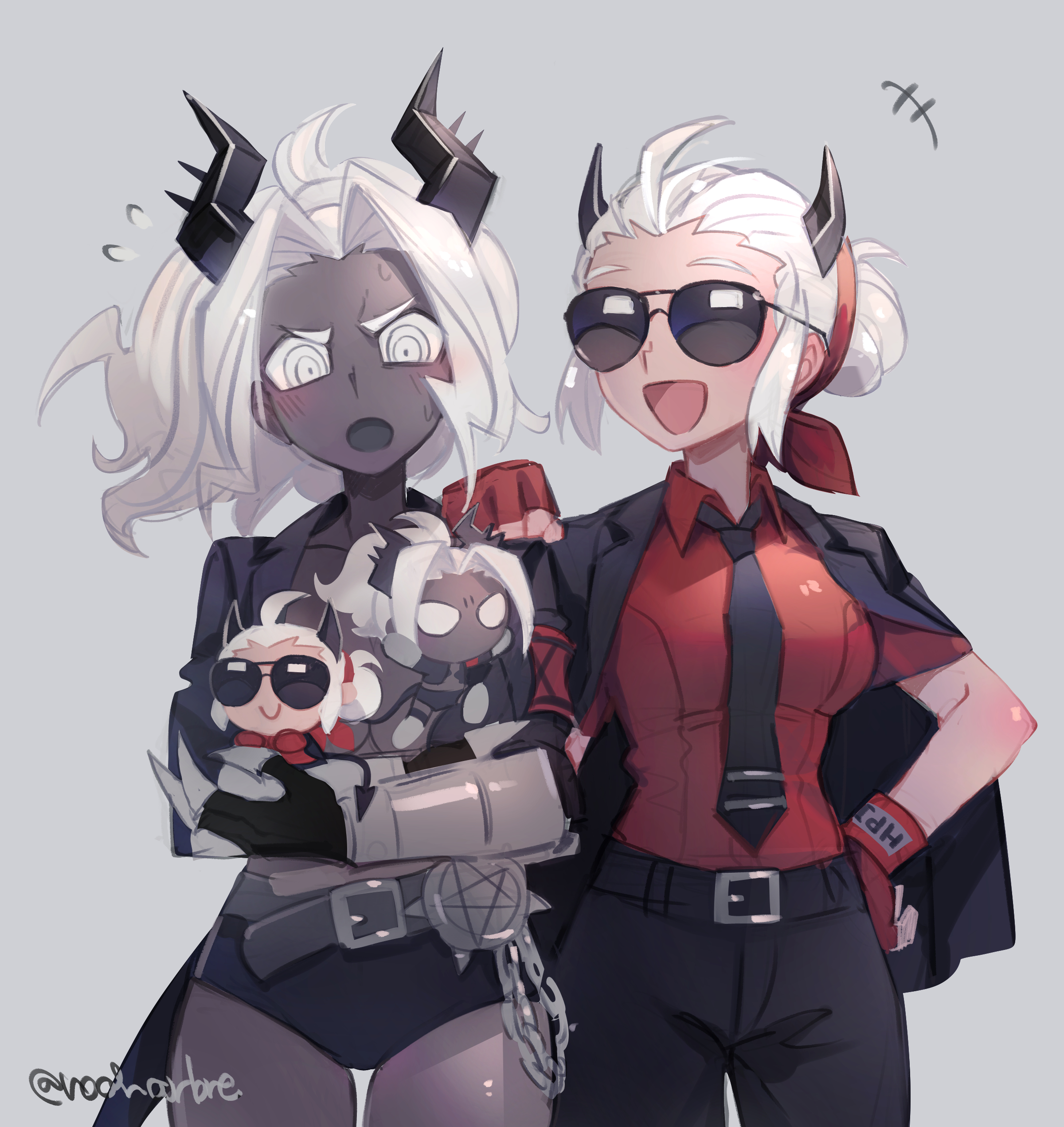 noah (tettsui-sole), judgement (helltaker), justice (helltaker), helltaker, absurdres, highres, 2girls, :d, :o, belt, black belt, black horns, black necktie, black pants, breasts, chain, cleavage, dark-skinned female, dark skin, demon girl, fingerless gloves, gloves, grey background, grey belt, hand on another's shoulder, hand on own hip, horns, multiple girls, necktie, open mouth, pants, red gloves, red shirt, shirt, short hair, simple background, smile, sunglasses, twitter username, white eyes, white hair