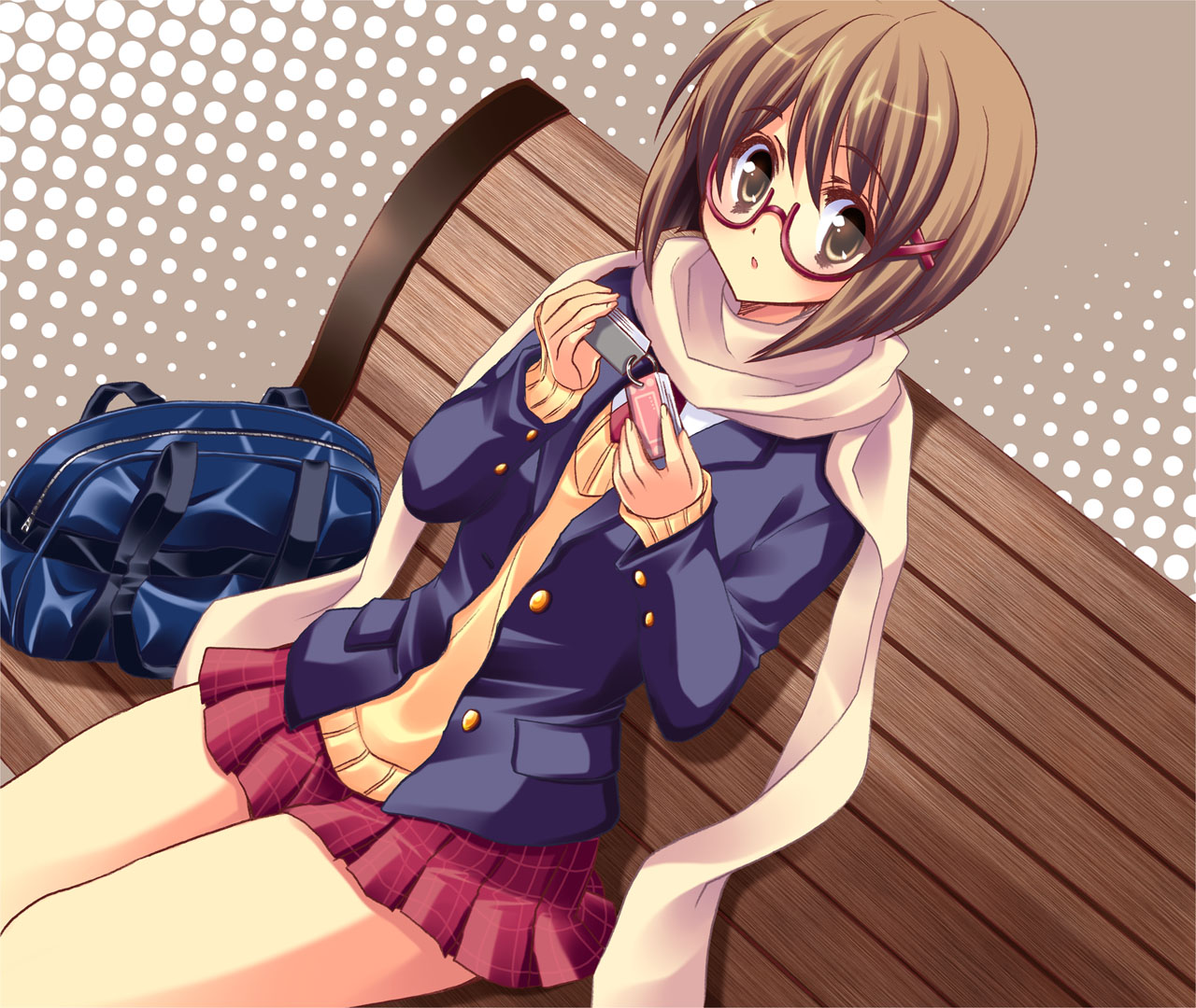 yukiwo, :o, bench, bob cut, brown eyes, brown hair, glasses, halftone, halftone background, plaid clothes, plaid skirt, scarf, short hair, sitting, skirt, solo