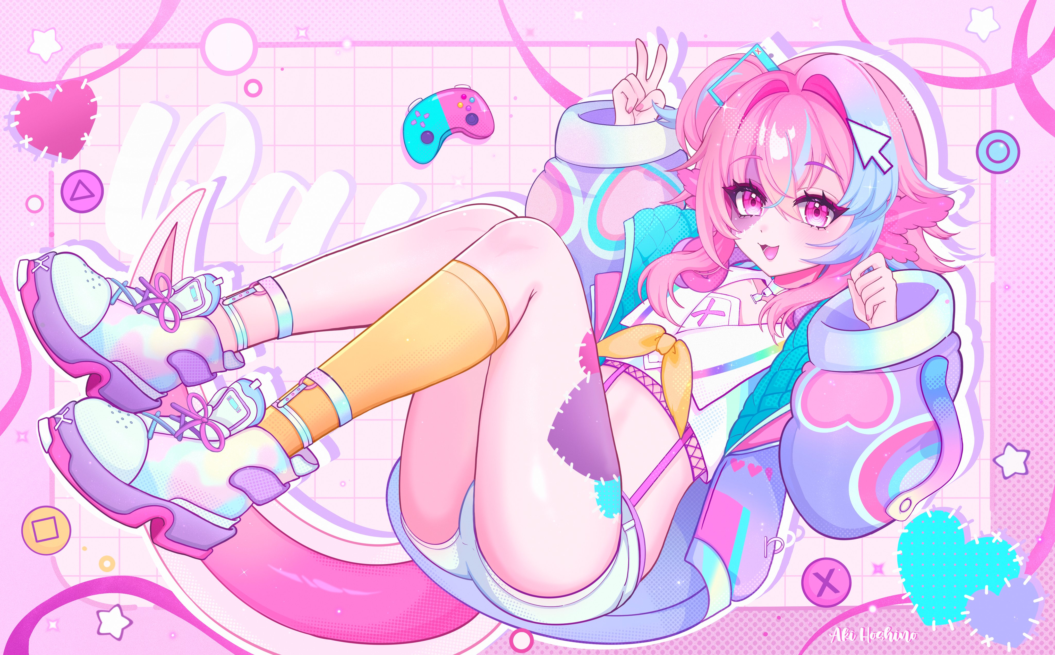aki hoshino, indie virtual youtuber, absurdres, commission, highres, vgen commission, 1girl, blue hair, controller, cursor, fishnets, game controller, hair intakes, heart, jacket, multicolored hair, open clothes, open jacket, open mouth, pawshies (vtuber), pink eyes, pink hair, purple jacket, ribbon, shoes, short shorts, shorts, single sock, socks, solo, star (symbol), stitched face, stitched leg, stitches, streaked hair, suspenders, v, virtual youtuber, white shorts, yellow ribbon, yellow socks