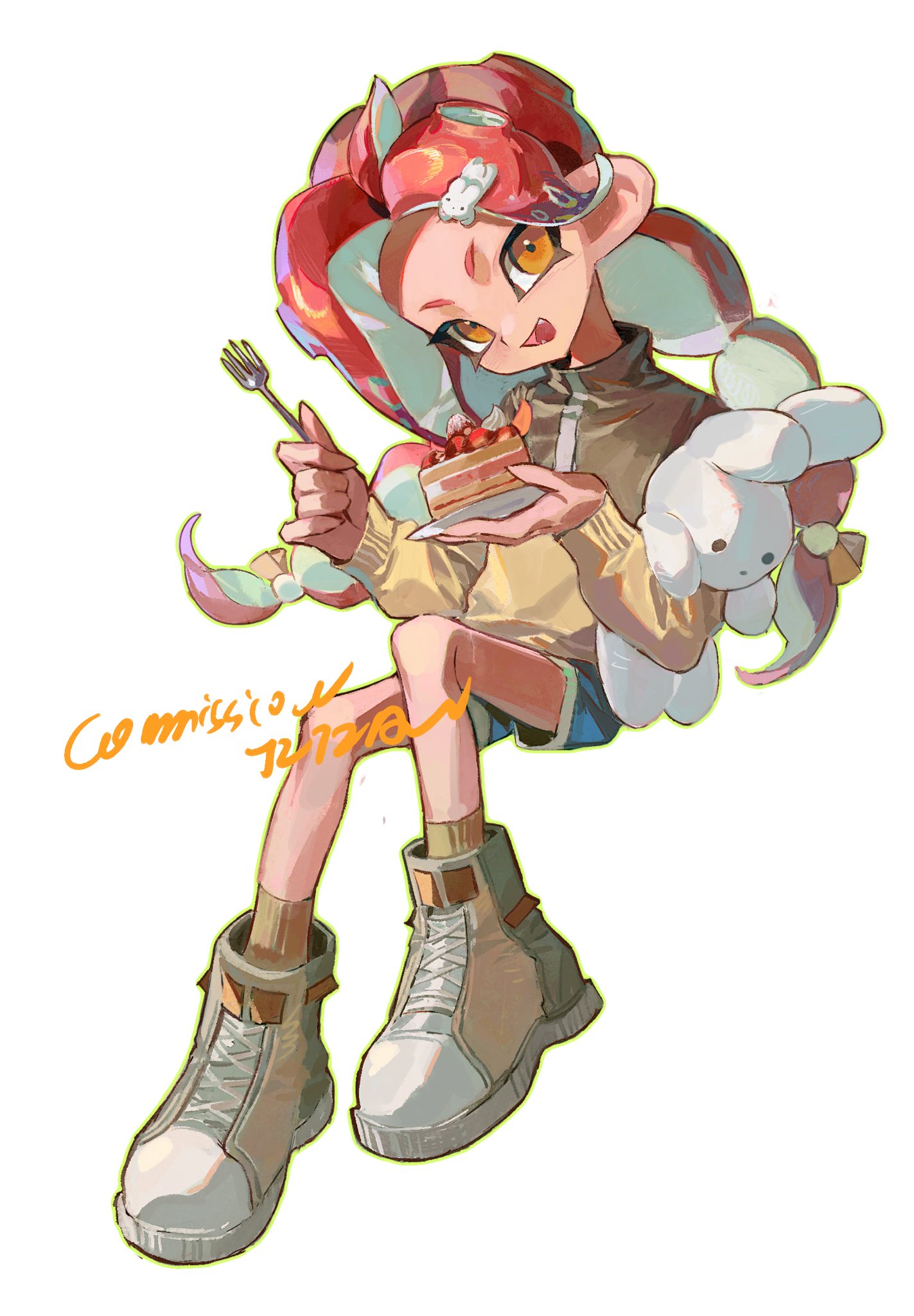 jitian114514, octoling girl, octoling player character, nintendo, splatoon (series), splatoon 3, commission, hashtag-only commentary, highres, 1girl, brown shoes, cake, dessert, dolphin shorts, food, fork, full body, holding, holding fork, holding plate, long hair, looking at viewer, low-tied long hair, octoling, plate, red hair, shoes, shorts, simple background, sitting, solo, stuffed animal, stuffed toy, tentacle hair, white background, yellow eyes