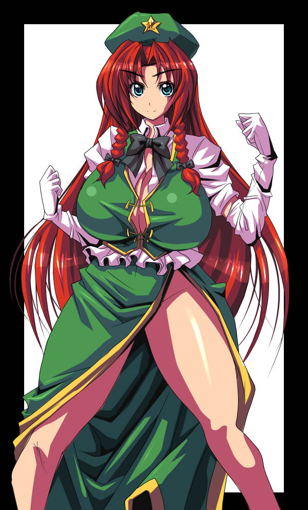 kloah, hong meiling, immaterial and missing power, touhou, 1girl, breasts, cleavage, elbow gloves, female focus, gloves, huge breasts, long hair, no panties, red hair, solo, thighs, very long hair