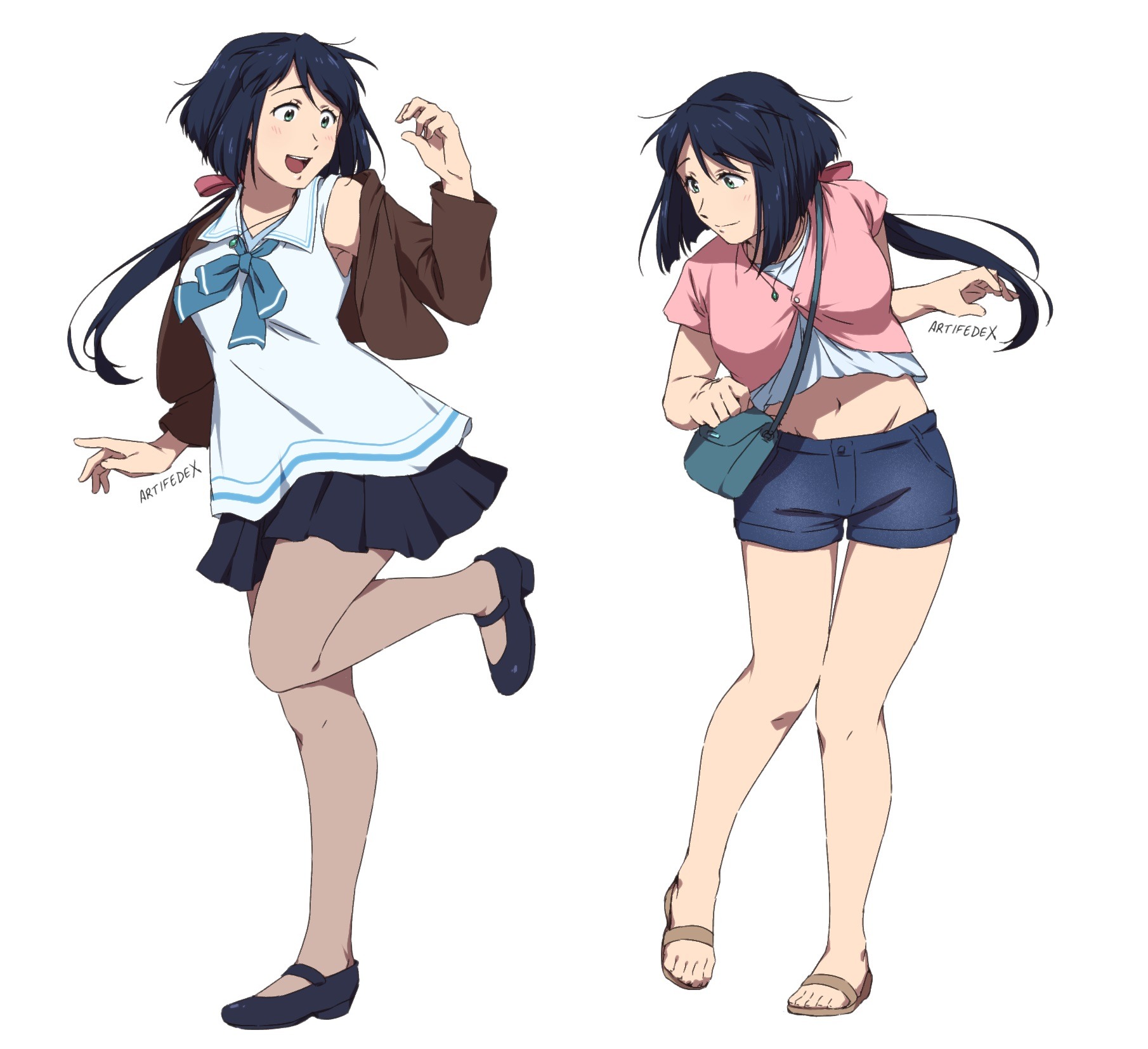 artifedex, original, commentary, english commentary, highres, 1girl, bag, black hair, black shoes, black skirt, blue eyes, blue shorts, breasts, brown jacket, brown pantyhose, collared shirt, crop top, cropped jacket, hair ribbon, handbag, jacket, jewelry, medium breasts, midriff, miniskirt, navel, necklace, open mouth, pantyhose, ponytail, ribbon, sandals, shirt, shoes, short shorts, shorts, signature, skirt, sleeveless, sleeveless shirt, smile, standing, standing on one leg, white background, white shirt