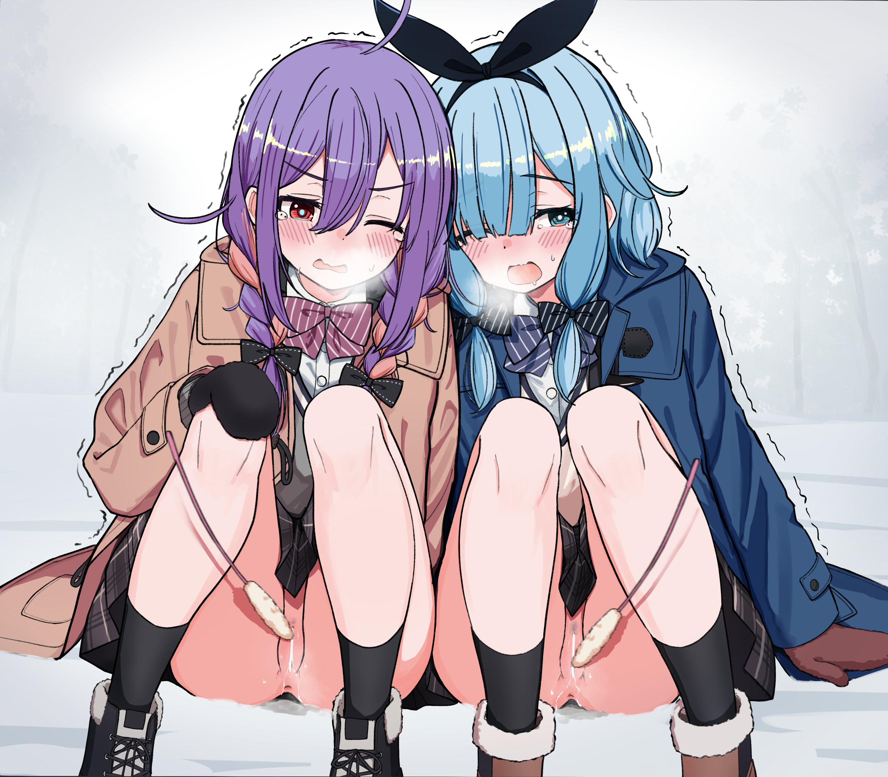urushiushiru, original, braided twintails, absurdres, commentary request, highres, variant set, 2girls, anus, aqua eyes, aqua pupils, arm support, bar censor, black boots, black bow, black hairband, black mittens, black socks, blue coat, blue hair, blush, boots, bow, bow hairband, bowtie, braid, breath, bright pupils, brown boots, brown coat, censored, coat, diagonal-striped bow, diagonal-striped bowtie, diagonal-striped clothes, eyebrows hidden by hair, female pubic hair, grey skirt, hair bow, hair over one eye, hair over shoulder, hairband, hand on own knee, knees up, long bangs, long hair, long sleeves, looking at viewer, miniskirt, mittens, multicolored hair, multiple girls, no panties, one eye closed, one eye covered, open clothes, open coat, open mouth, plaid clothes, plaid skirt, pleated skirt, pubic hair, purple bow, purple bowtie, purple hair, pussy, pussy juice, pussy juice puddle, pussy juice trail, raised inner eyebrows, red eyes, red mittens, school uniform, sitting, skirt, socks, sparse pubic hair, striped bow, striped bowtie, striped clothes, sweat, tearing up, twintails, wavy mouth, winter clothes, winter coat