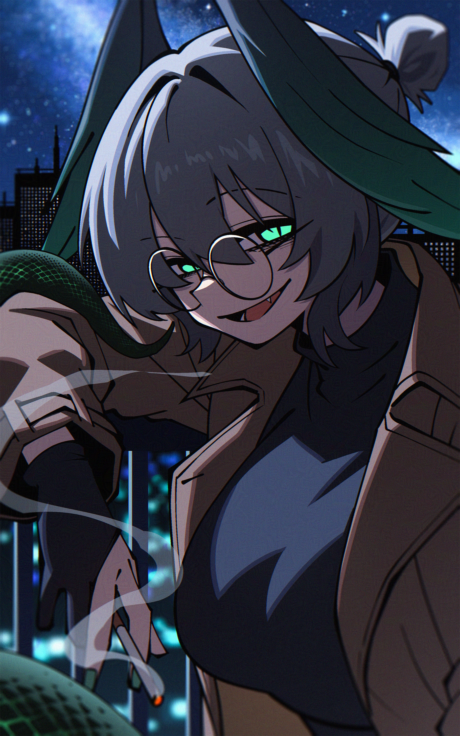 dryegen, ho'olheyak (arknights), uguisu anko, arknights, absurdres, highres, 1girl, alternate costume, aqua eyes, black gloves, black sweater, breasts, brown jacket, cigarette, cosplay, fang, feathered wings, glasses, gloves, grey hair, hair between eyes, hair bun, head wings, holding, holding cigarette, jacket, long sleeves, long tail, looking at viewer, night, night sky, open clothes, open jacket, open mouth, partially fingerless gloves, round eyewear, short hair, sky, slit pupils, smile, smoking, snake tail, solo, star (sky), starry sky, sweater, tail, uguisu anko (cosplay), upper body, wings