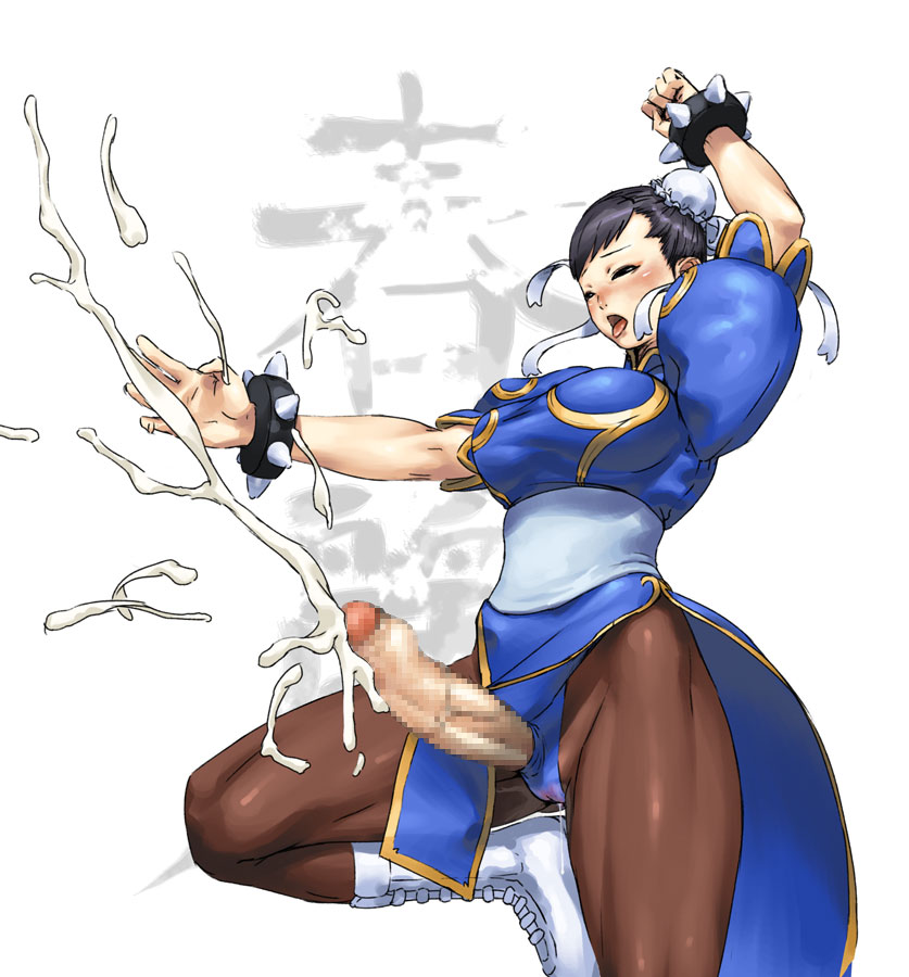 baka gaki, chun-li, capcom, street fighter, 1futa, blush, boots, breasts, bun cover, censored, china dress, chinese clothes, cum, double bun, dress, ejaculation, foreskin, futanari, hair bun, handsfree ejaculation, large breasts, pantyhose, penis, solo