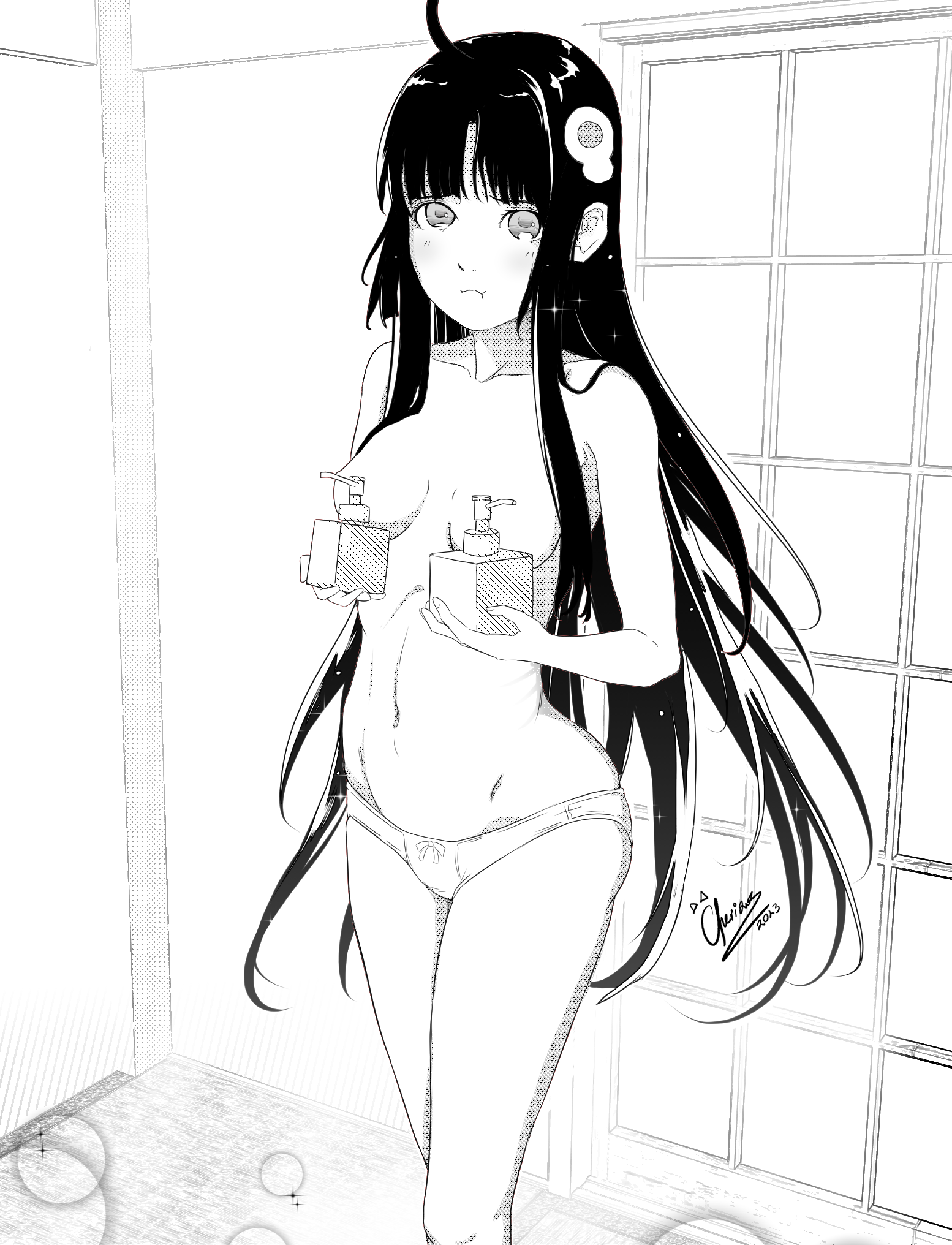 araragi tsukihi, monogatari (series), highres, 1girl, ahoge, bare shoulders, black hair, blunt bangs, blush, bottle, breasts, closed mouth, collarbone, dot nose, egg hair ornament, female focus, food-themed hair ornament, hair ornament, holding, holding bottle, indoors, legs, long hair, looking at viewer, medium breasts, midriff, monochrome, navel, no bra, panties, pout, sexually suggestive, shampoo bottle, solo, solo focus, stomach, thighs, underwear, very long hair, white panties