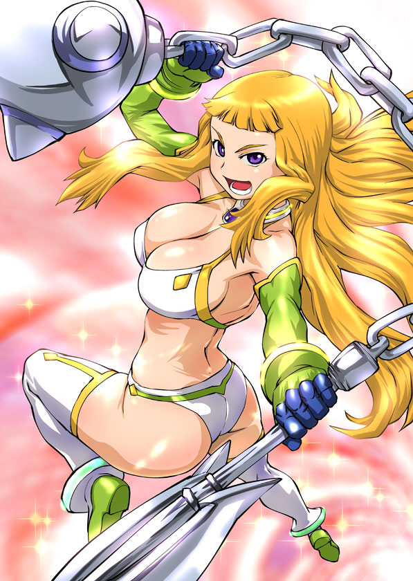 ueyama michirou, haruka armitage, my-hime, my-otome, 00s, 1girl, angry, ass, blonde hair, bra, breasts, choker, elbow gloves, female focus, gloves, huge breasts, large breasts, lingerie, long hair, looking back, open mouth, panties, purple eyes, solo, thighhighs, underwear, underwear only, weapon