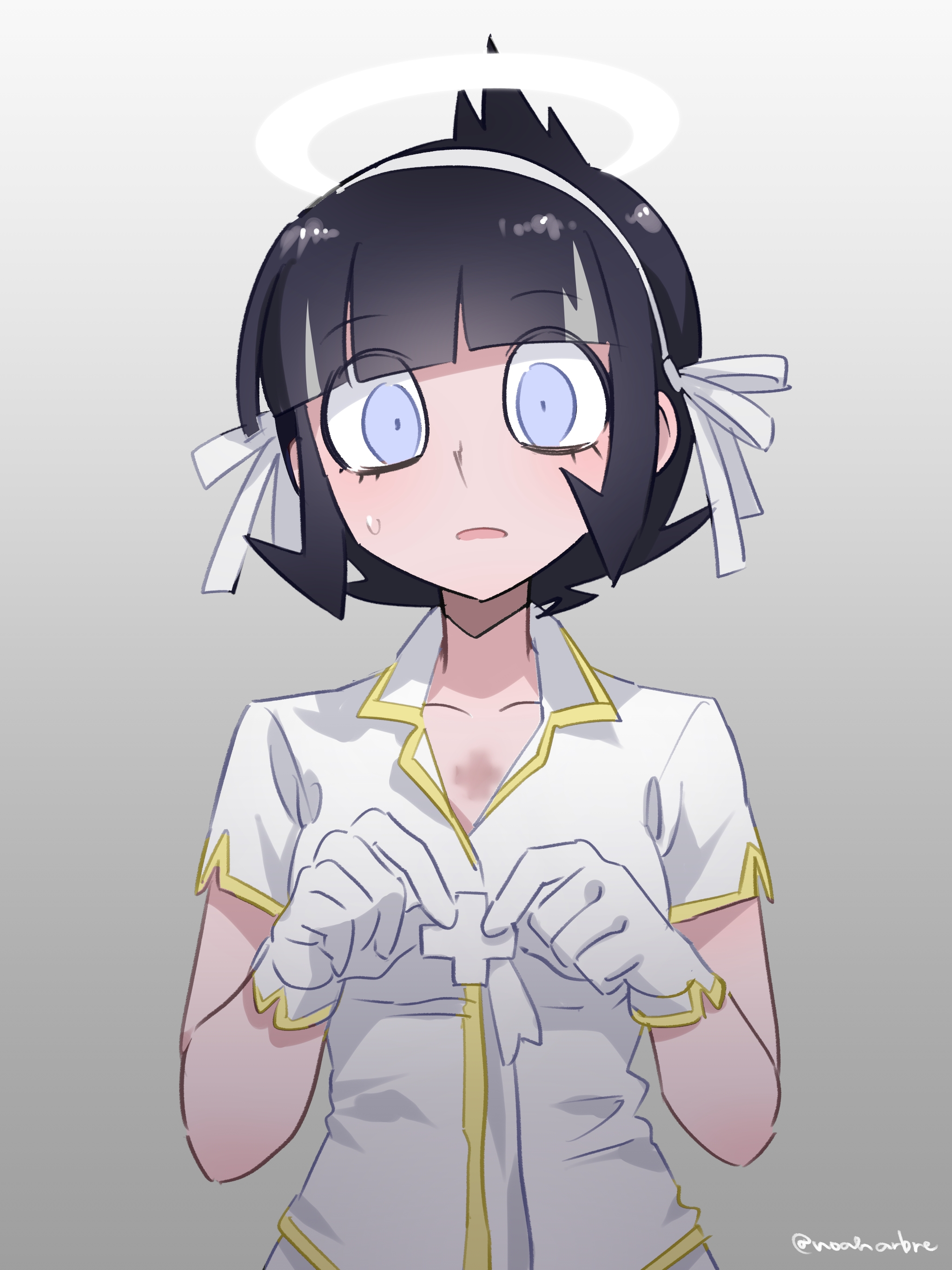 noah (tettsui-sole), azazel (helltaker), helltaker, absurdres, highres, 1girl, angel, black hair, blue eyes, blunt bangs, burn scar, cross, eyes visible through hair, gloves, gradient background, grey background, hair ribbon, hairband, halo, holding, holding cross, looking at viewer, open mouth, ribbon, scar, short hair, short sleeves, solo, sweatdrop, twitter username, white gloves, white hairband, white ribbon