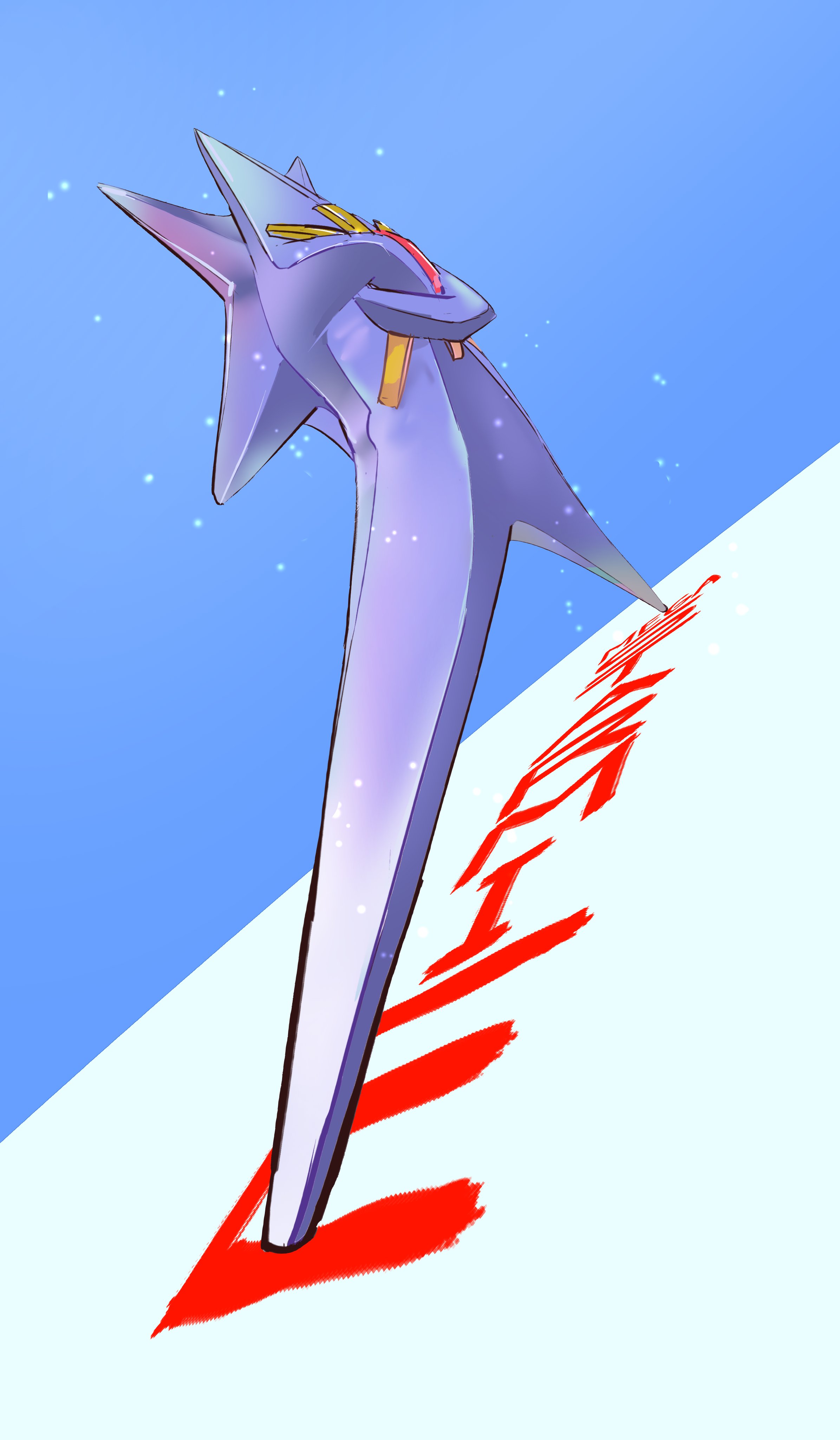 hyde (tabakko), mega starmie, starmie, nintendo, pokemon, pokemon legends: z-a, absurdres, highres, blue background, character name, crossed arms, gem, gen 1 pokemon, long legs, mega pokemon, meme, no humans, pokemon (creature), red gemstone, simple background