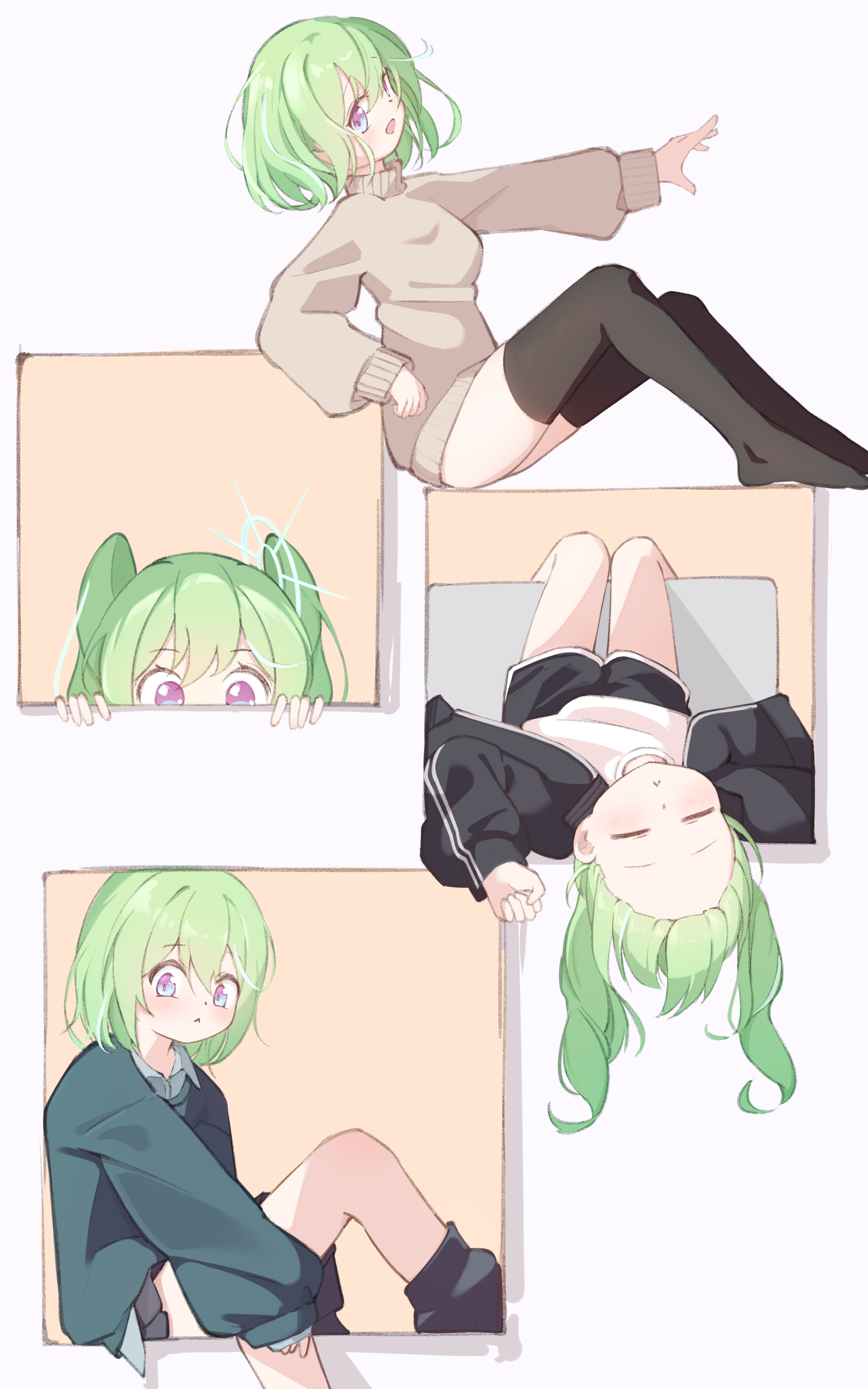 electromocha, yuzuha riko, stellive, absurdres, commentary request, highres, korean commentary, 1girl, black jacket, black shorts, black thighhighs, brown sweater, closed mouth, forehead, green hair, green sweater, jacket, knees up, long sleeves, looking at viewer, looking to the side, lying, medium hair, multiple views, no pants, no shoes, on back, open clothes, open jacket, open mouth, outside border, outstretched arm, peeking out, purple eyes, shirt, short hair, short shorts, shorts, simple background, sitting, sleeves past wrists, sweater, t-shirt, thighhighs, turtleneck, turtleneck sweater, twintails, virtual youtuber, white background, white shirt