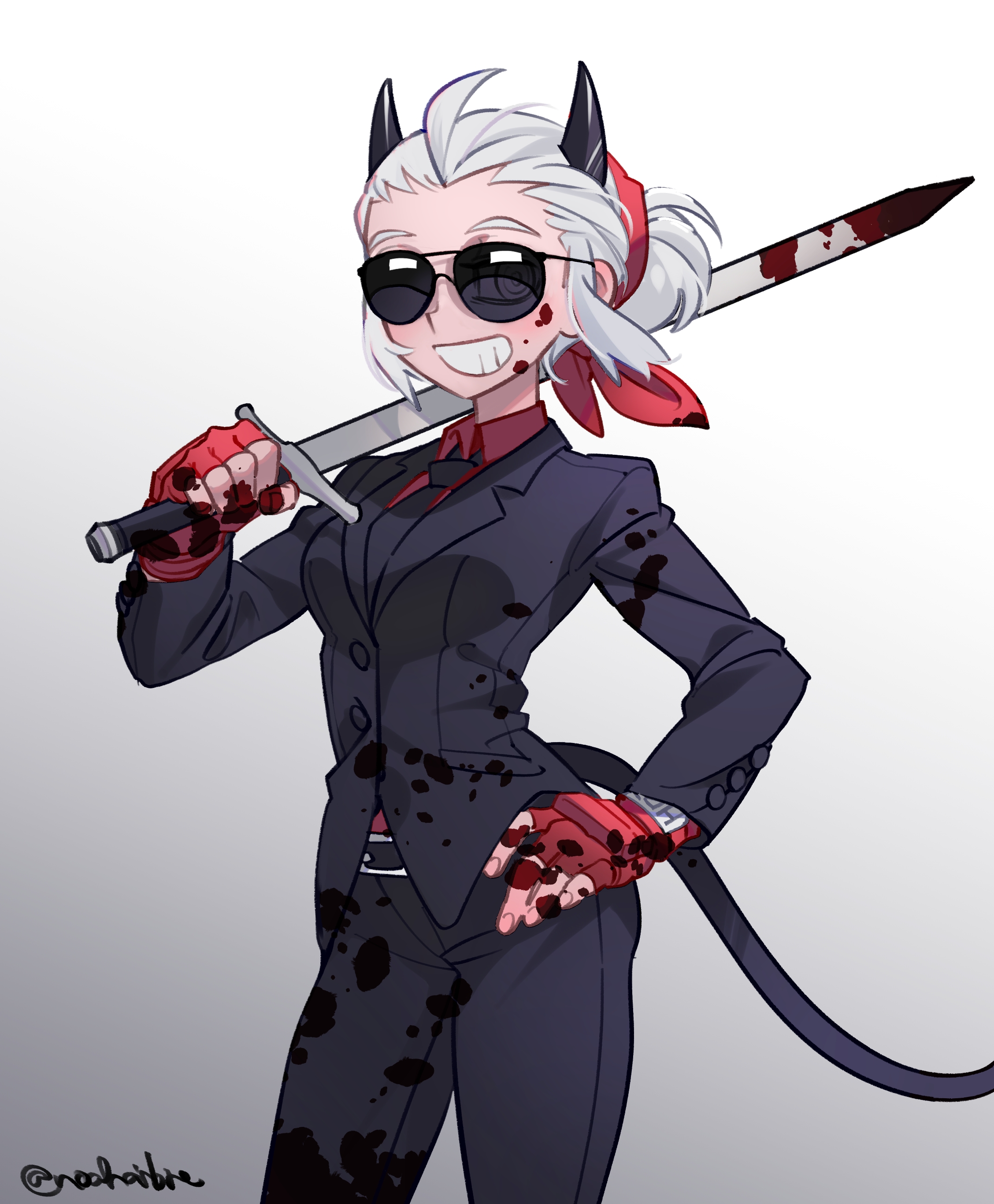 noah (tettsui-sole), justice (helltaker), helltaker, absurdres, bad source, highres, 1girl, belt, black belt, black horns, black necktie, black pants, blind, blood, blood on clothes, bloody weapon, breasts, demon girl, demon horns, demon tail, fingerless gloves, gloves, gradient background, grey background, grey eyes, grin, hairband, hand on own hip, holding, holding sword, holding weapon, horns, jacket, looking at viewer, necktie, over shoulder, pants, red gloves, red hairband, red shirt, shirt, short hair, smile, solo, sunglasses, sword, tail, twitter username, weapon, weapon over shoulder, white hair