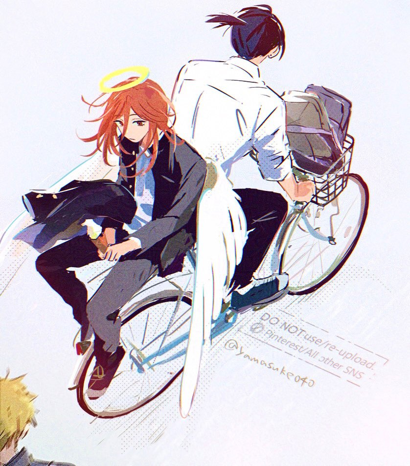 yamasuke040, angel devil (chainsaw man), denji (chainsaw man), hayakawa aki, chainsaw man, 3boys, bicycle, black jacket, black pants, gakuran, jacket, male focus, multiple boys, pants, school uniform