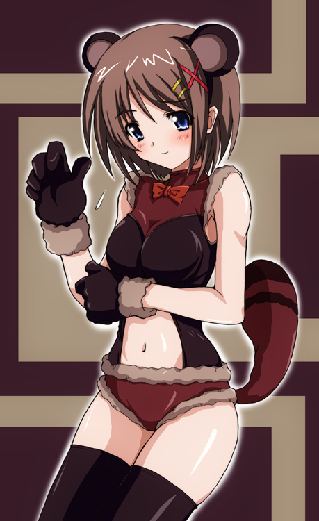 nishikawa hiroyuki, yagami hayate, lyrical nanoha, mahou shoujo lyrical nanoha, mahou shoujo lyrical nanoha strikers, 00s, 1girl, animal ears, blue eyes, breasts, brown hair, female focus, hair ornament, midriff, raccoon ears, raccoon tail, solo, tail, tanuki, thighhighs, x hair ornament