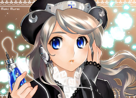 muroi maki, lowres, blue eyes, cross, earphones, hat, headphones, long hair, solo