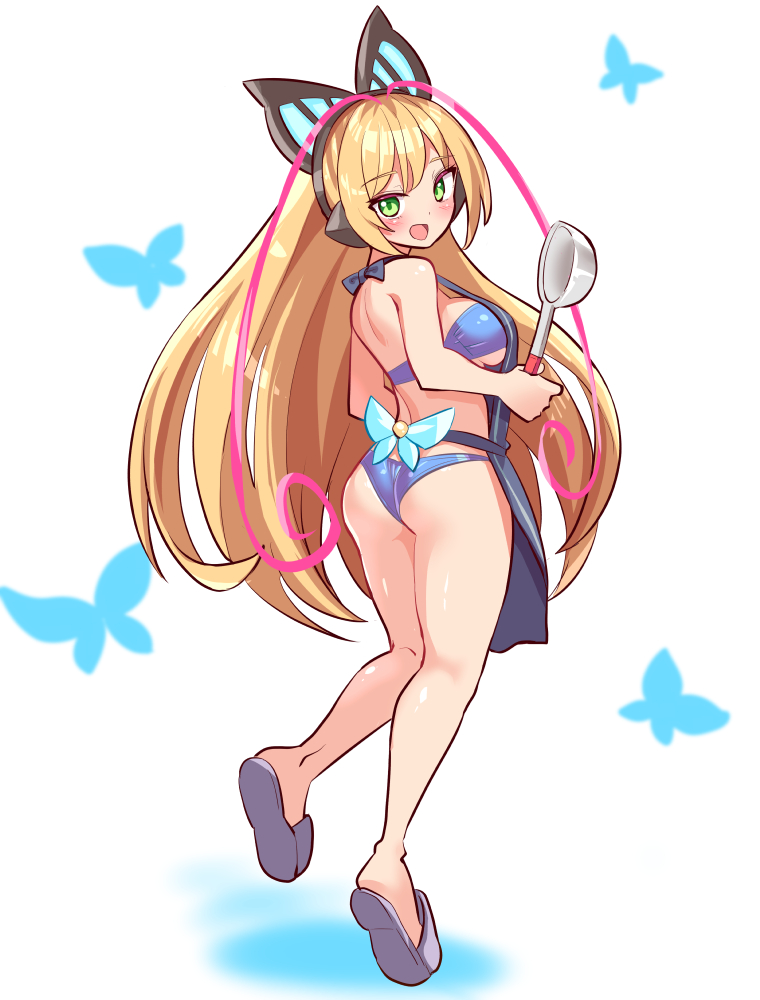 cougar (cougar1404), lumen (gunvolt), azure striker gunvolt, commission, commissioner upload, skeb commission, 1girl, antenna hair, apron, ass, blonde hair, blue apron, blue bra, blue panties, blush, bra, bug, butterfly, butterfly hair ornament, from behind, full body, green eyes, hair ornament, headphones, high ponytail, holding, holding ladle, insect, ladle, long hair, looking at viewer, multicolored hair, nearly naked apron, open mouth, panties, pink hair, ponytail, simple background, slippers, smile, solo, two-tone hair, underwear, very long hair