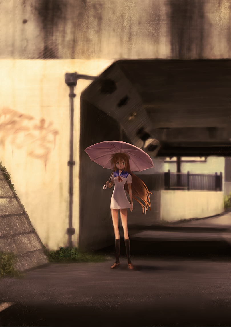 yusao, hidaka yumemi, sora wo miageru shoujo no hitomi ni utsuru sekai, 1girl, brown hair, dress, female focus, graffiti, grey eyes, long hair, outdoors, red hair, school uniform, serafuku, solo, tunnel, umbrella