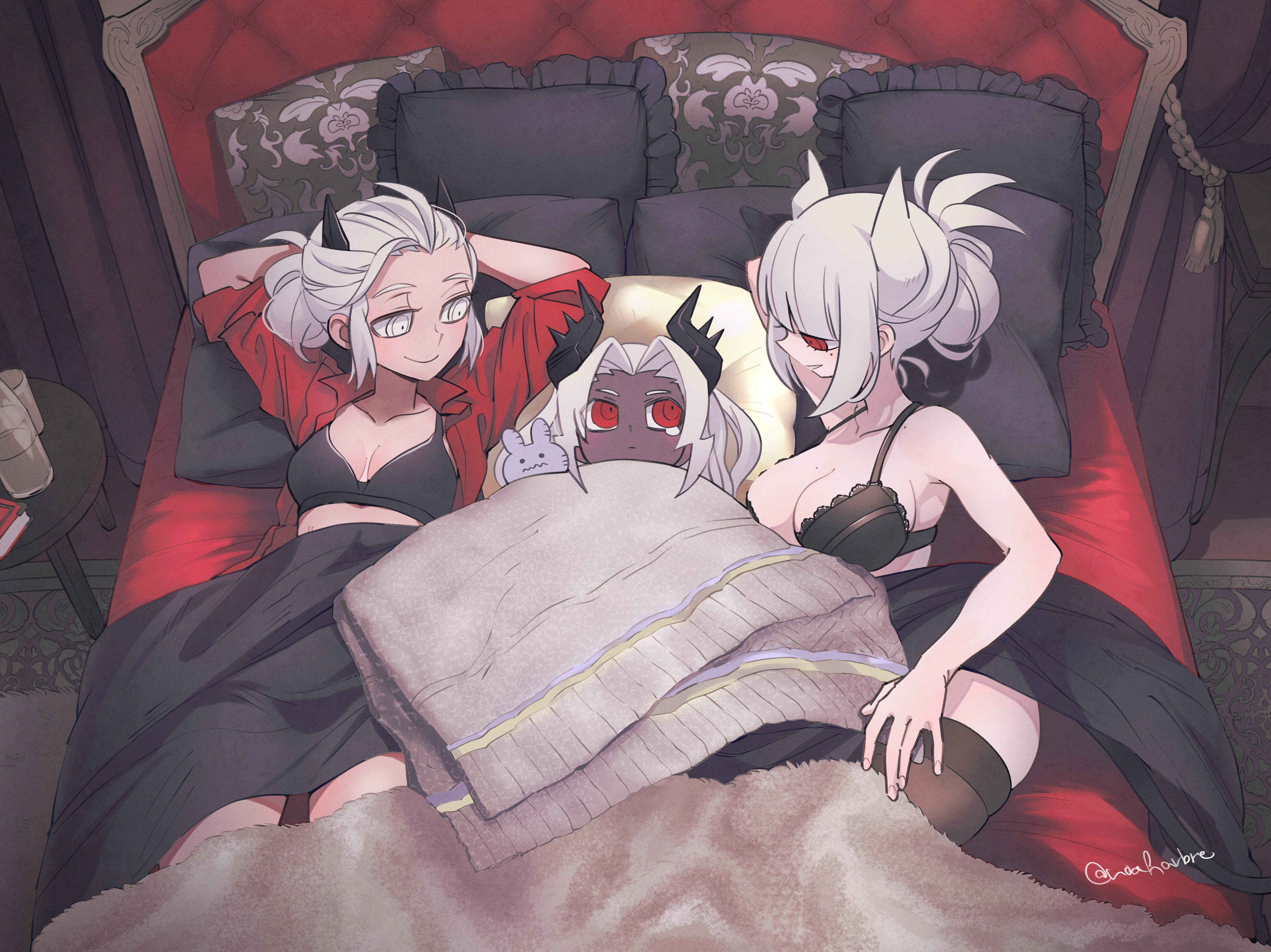 noah (tettsui-sole), judgement (helltaker), justice (helltaker), lucifer (helltaker), helltaker, absurdres, highres, 3girls, arms behind head, bed, black bra, black horns, bra, breasts, brown thighhighs, cleavage, dark-skinned female, dark skin, demon girl, demon horns, horns, large breasts, looking at another, looking at viewer, lying, mole, mole on breast, mole under eye, multiple girls, on back, on bed, pillow, red eyes, red shirt, shirt, small breasts, tears, thighhighs, twitter username, underwear, white eyes, white hair, white horns