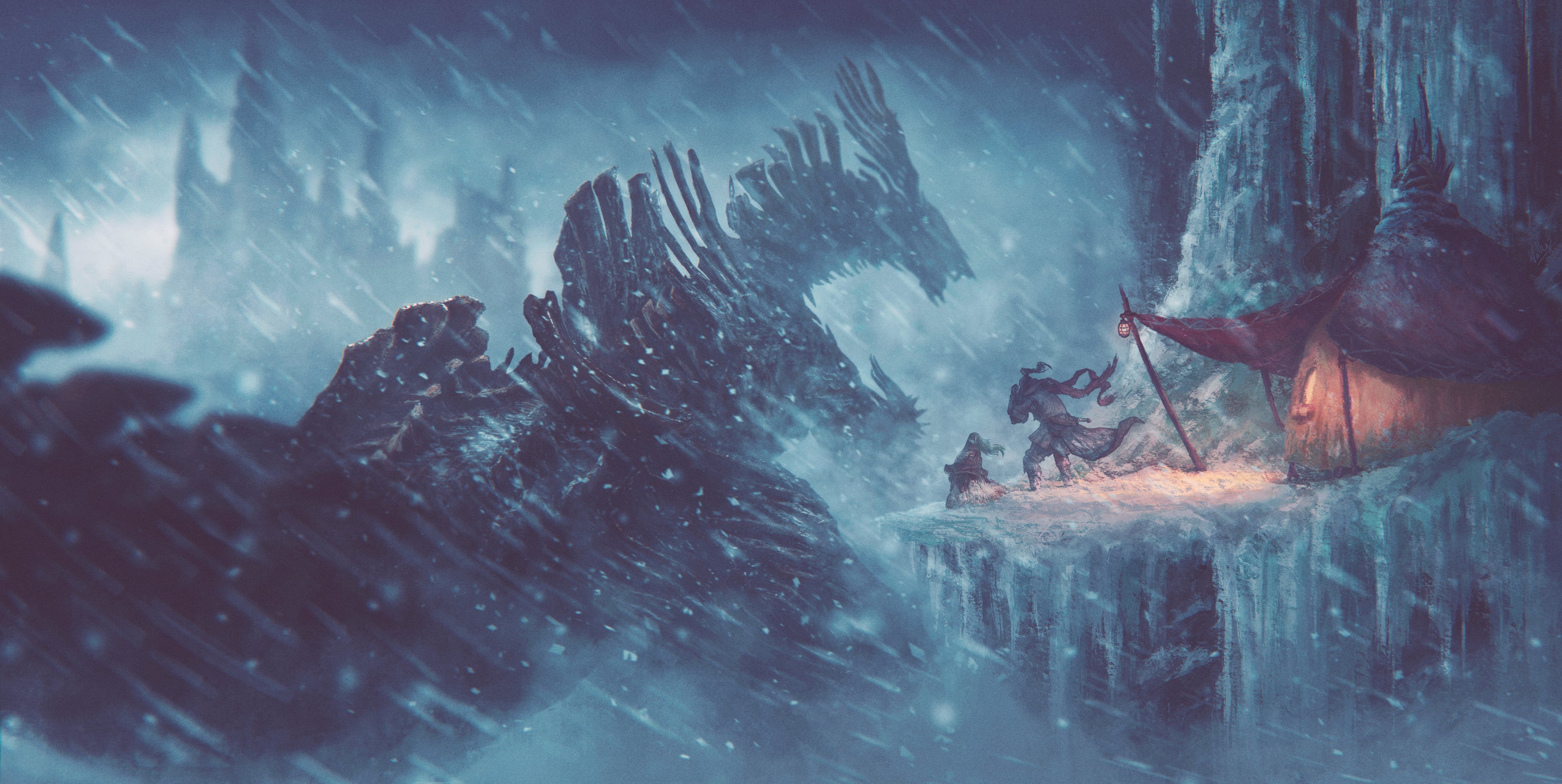 valky uniguri, monster hunter (series), absurdres, character request, highres, 2others, dragon, giant, giant monster, icicle, monster, monster focus, multiple others, outdoors, scenery, snow, snowing, wide shot