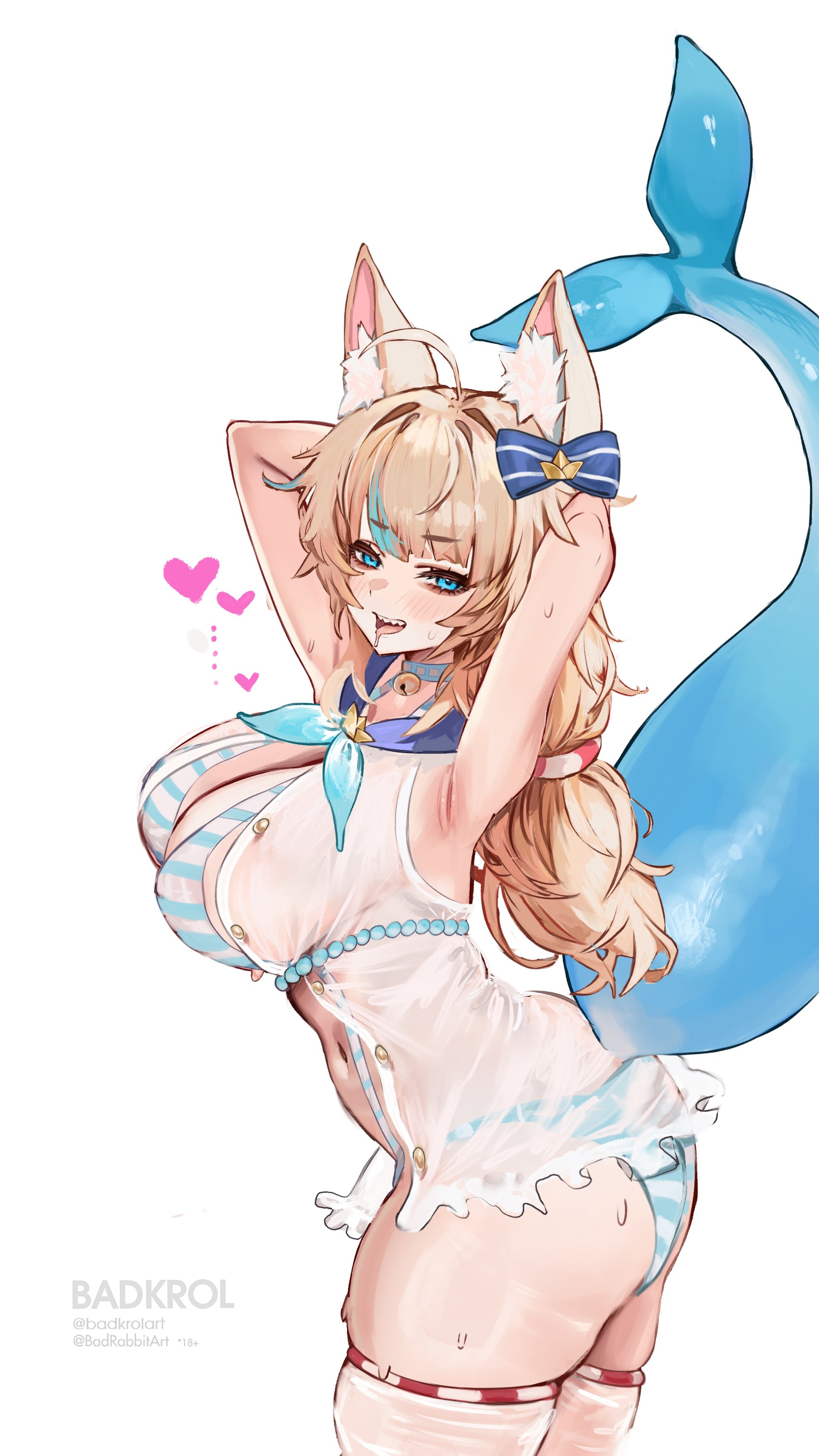 badkrol, kaniki (sameko saba), sameko saba, hololive, hololive english, absurdres, highres, self-upload, 1girl, alternate breast size (larger), animal ears, armpits, arms behind head, arms up, blue eyes, breasts, cat ears, fins, fish girl, fish tail, large breasts, low twintails, multicolored hair, navel, one side up, signature, tail, twintails, twitter username, virtual youtuber
