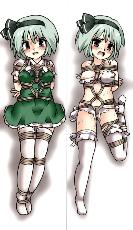 lilish, konpaku youmu, touhou, 1girl, bdsm, blush, bondage, bound, bra, breasts, crotch rope, female focus, lingerie, medium breasts, nipples, panties, rope, shibari, shibari over clothes, tears, thighhighs, underwear, underwear only