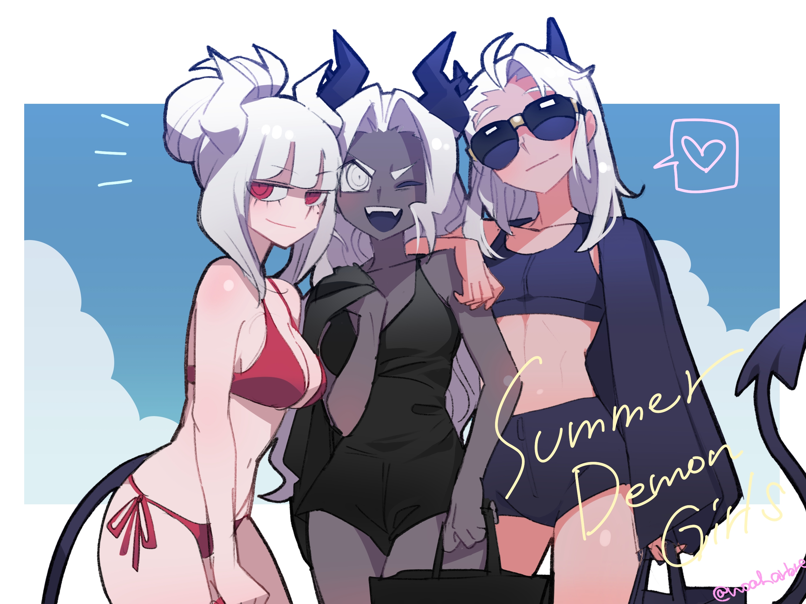 noah (tettsui-sole), judgement (helltaker), justice (helltaker), lucifer (helltaker), helltaker, highres, 3girls, :d, alternate hairstyle, artist name, bag, bare arms, bare shoulders, bikini, black one-piece swimsuit, blunt bangs, border, breasts, cleavage, cloud, collarbone, colored skin, cowboy shot, demon girl, demon horns, demon tail, english text, grey eyes, grey skin, heart, holding, holding bag, horns, jacket, jacket on shoulders, long hair, medium breasts, mole, mole under eye, multiple girls, navel, one-piece swimsuit, open mouth, red bikini, red eyes, smile, spoken heart, sunglasses, swimsuit, tail, teeth, twitter username, upper teeth only, white border, white hair