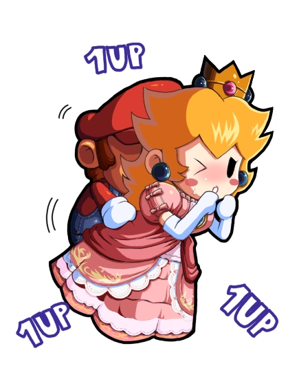 mario, princess peach, mario (series), nintendo, paper mario, paper mario: the thousand-year door, 1boy, 1girl, 1up, blonde hair, blush, clothed sex, happy sex, hetero, one eye closed, parody, sex, text focus, wink